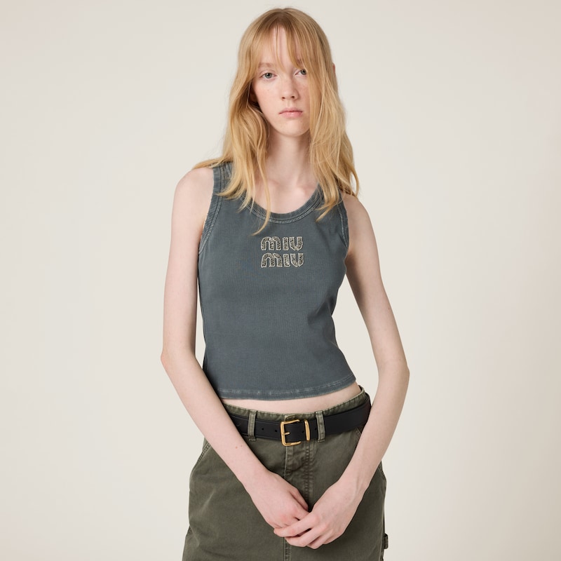 Embroidered ribbed knit jersey top