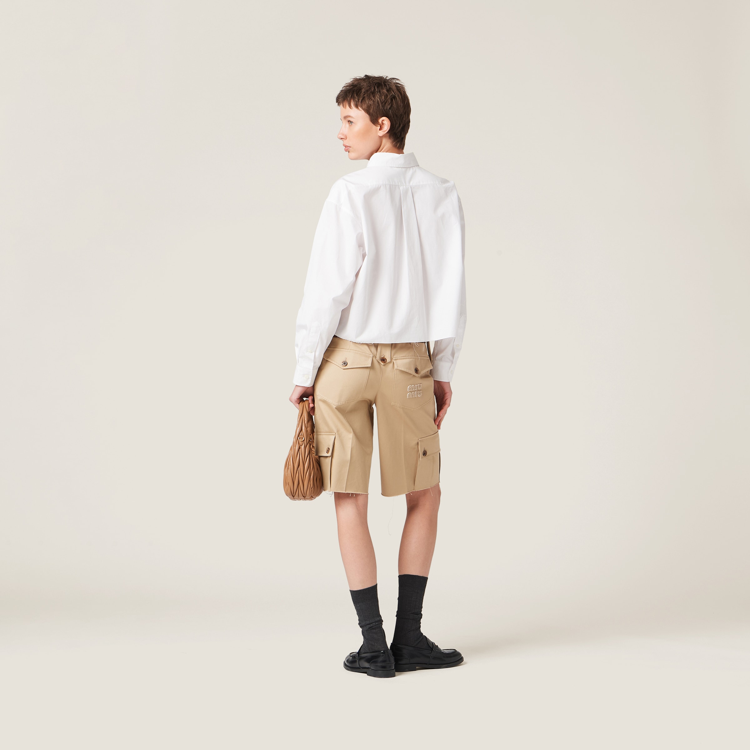 Miu Miu Cropped Cotton Poplin Shirt In White