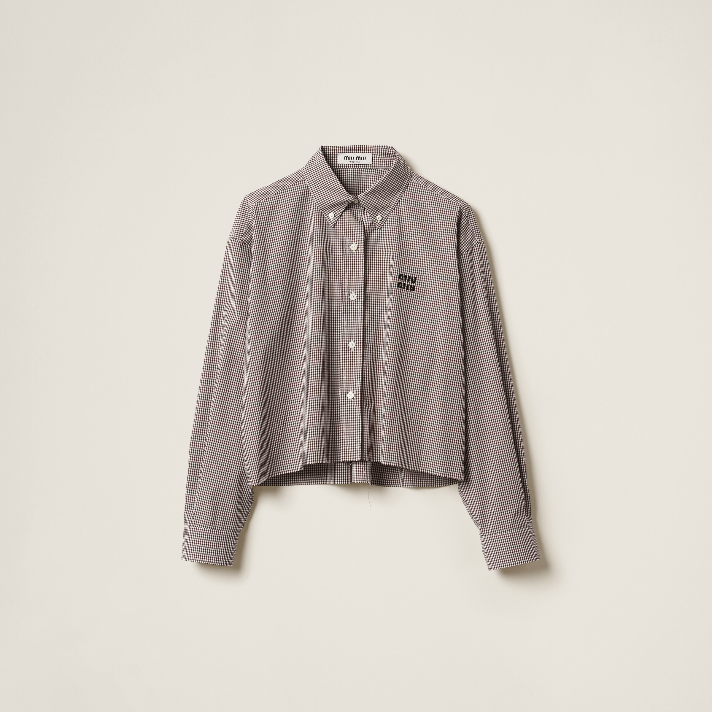 Miu Miu Gingham Check Poplin Shirt In White/cocoa Brown