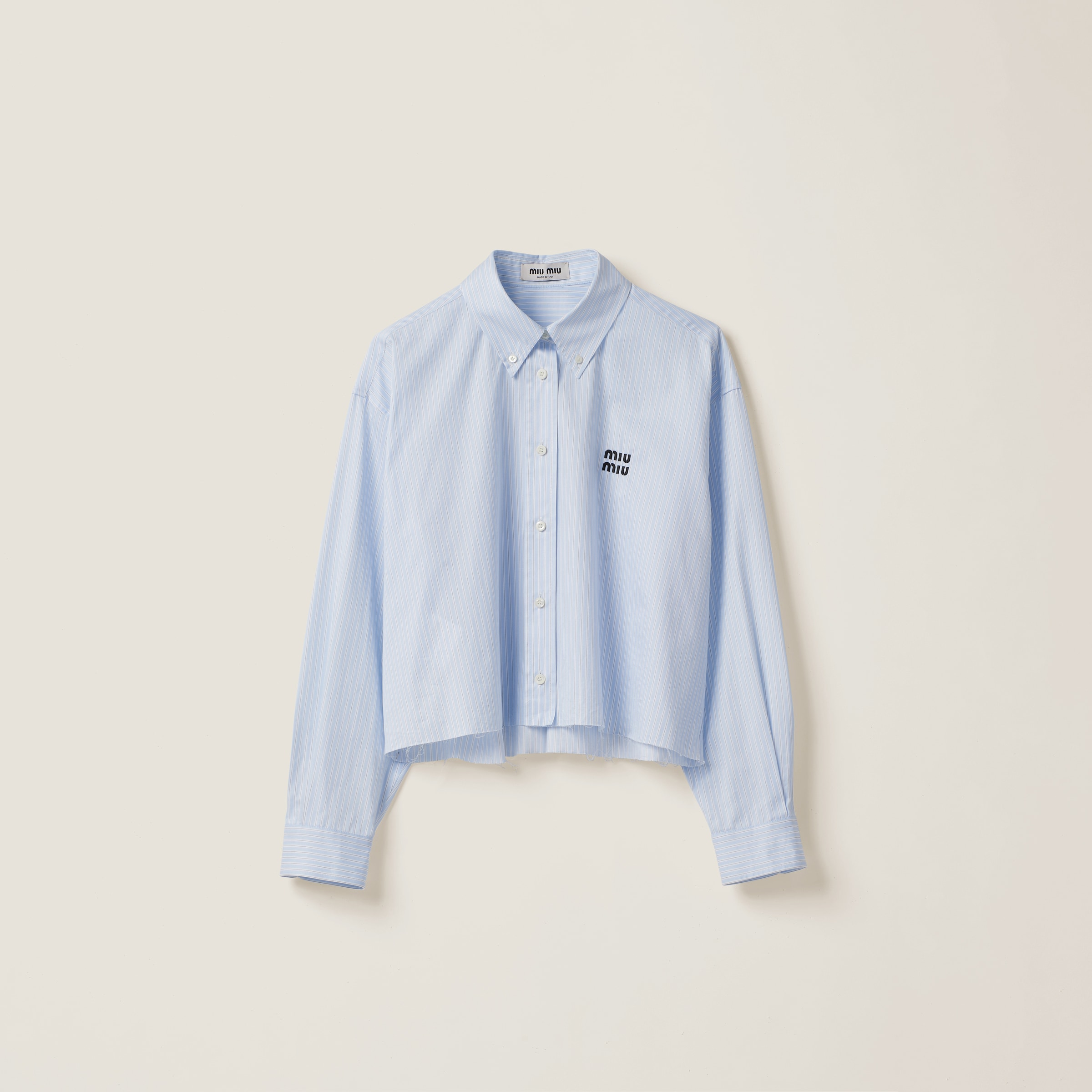 Miu Miu Striped Cotton Shirt In Sky Blue/white