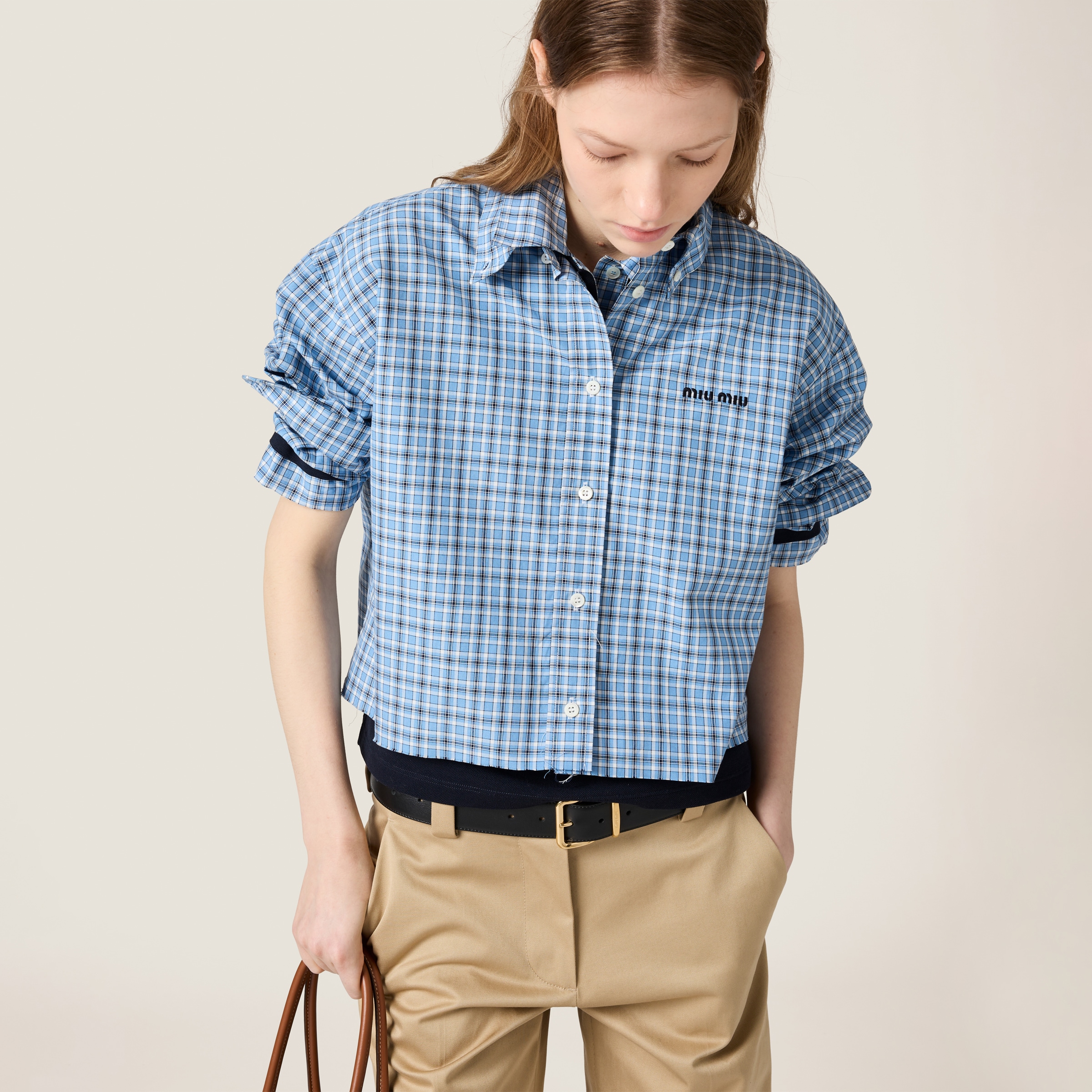 Lightblue / Blue Checked Poplin Shirt | Miu Miu