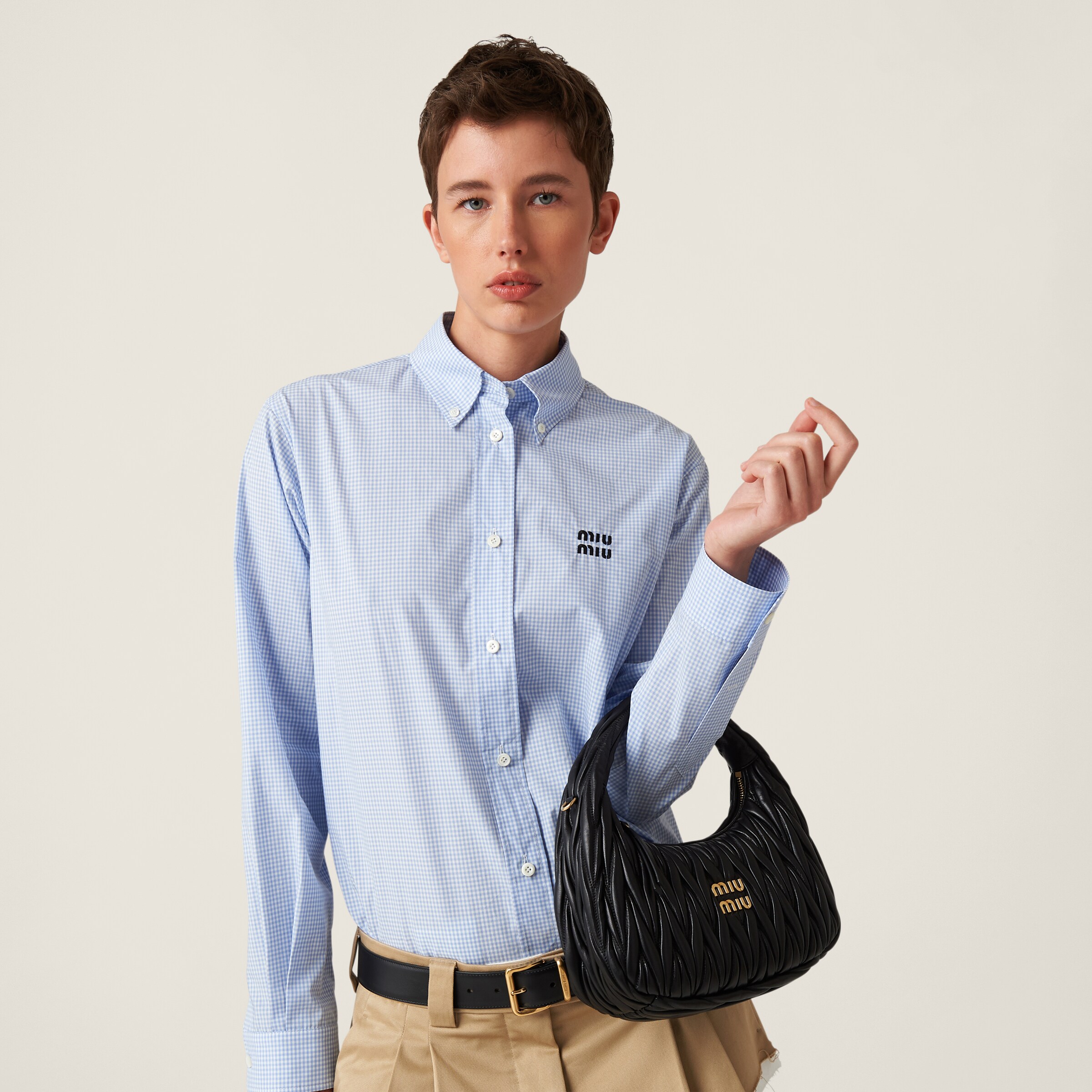 White/light Blue Gingham Check Poplin Shirt | Miu Miu
