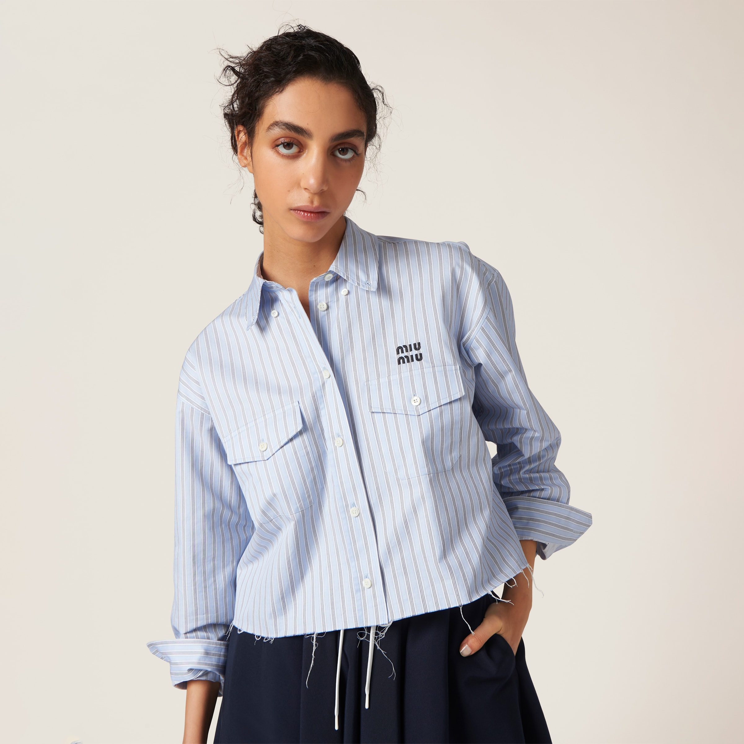 Shop Miumiu Striped Cotton Shirt In Light Blue/blue