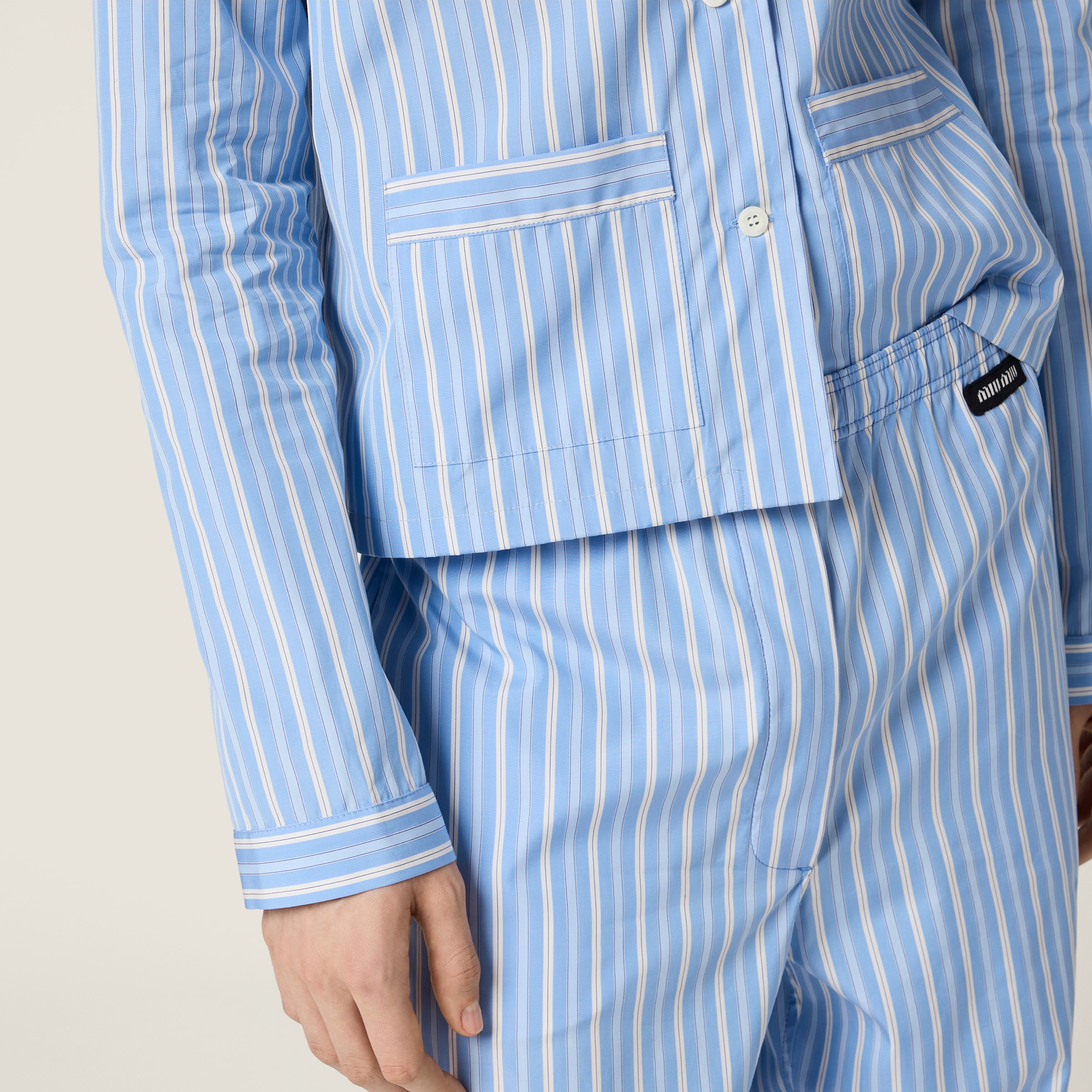 【MiuMiu】ストライプ ポプリンシャツ＆パジャマパンツ セット ネイビー ジャカードストライプ ポプリン パジャマパンツ | Miu Miu