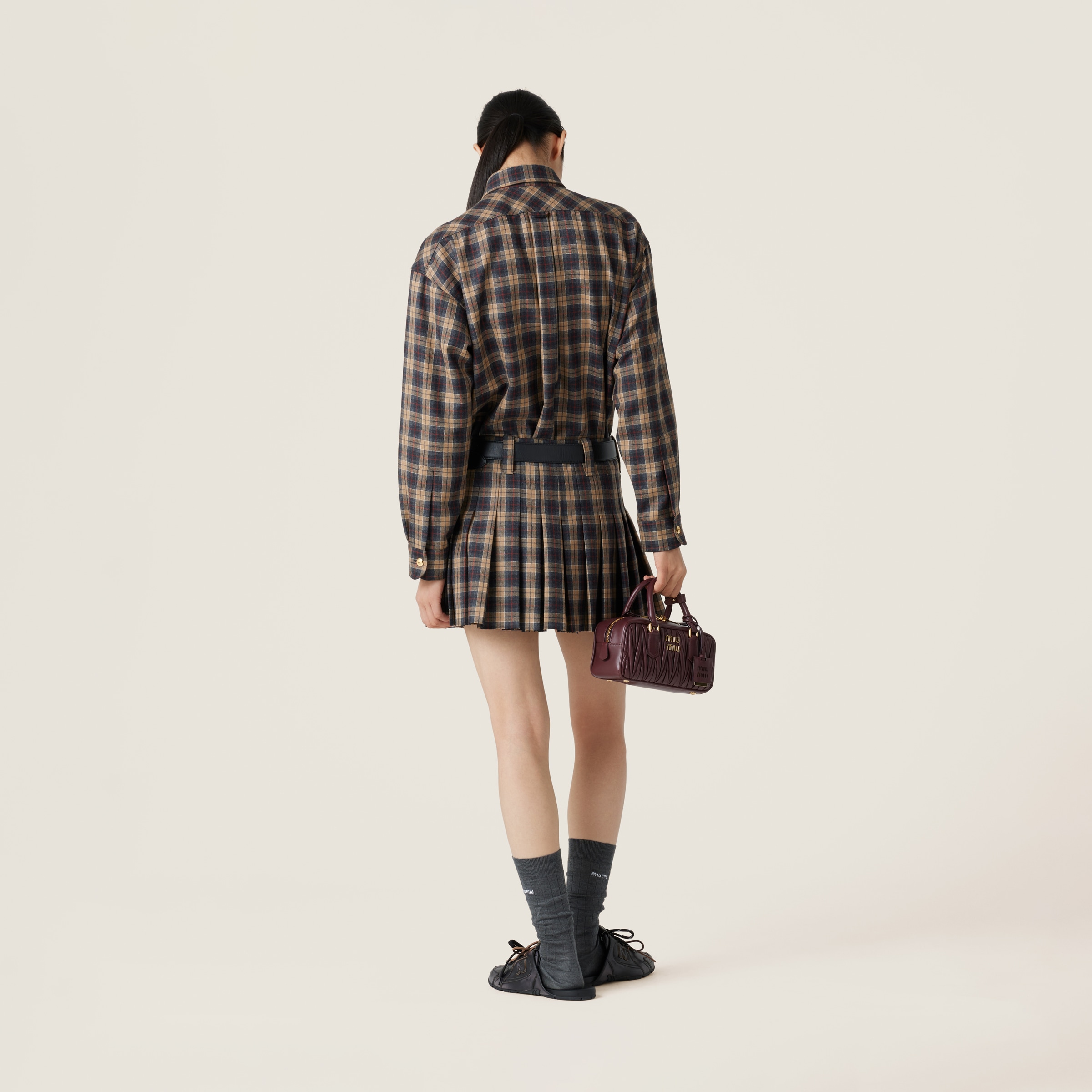 Camel Brown Wool Tartan Shirt | Miu Miu Camel Brown Wool Tartan Shirt | Miu Miu