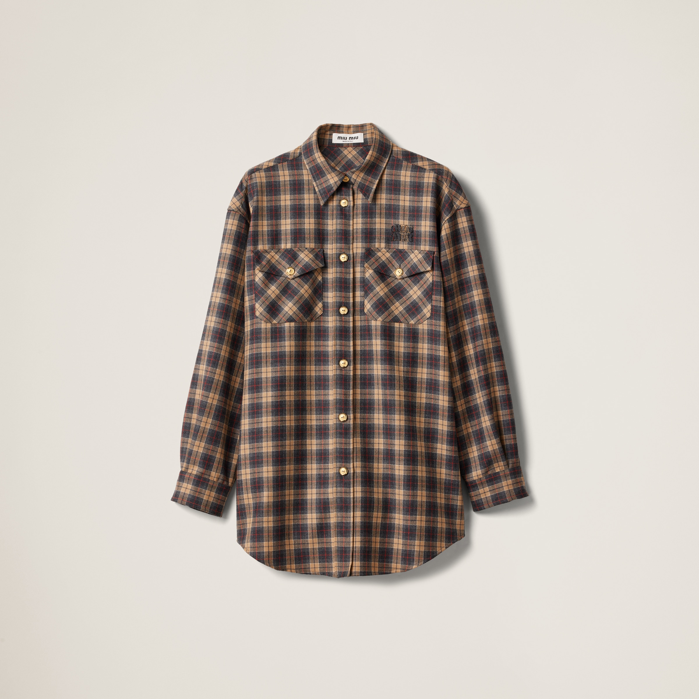 Miu Miu Wool Tartan Shirt In Camel Brown