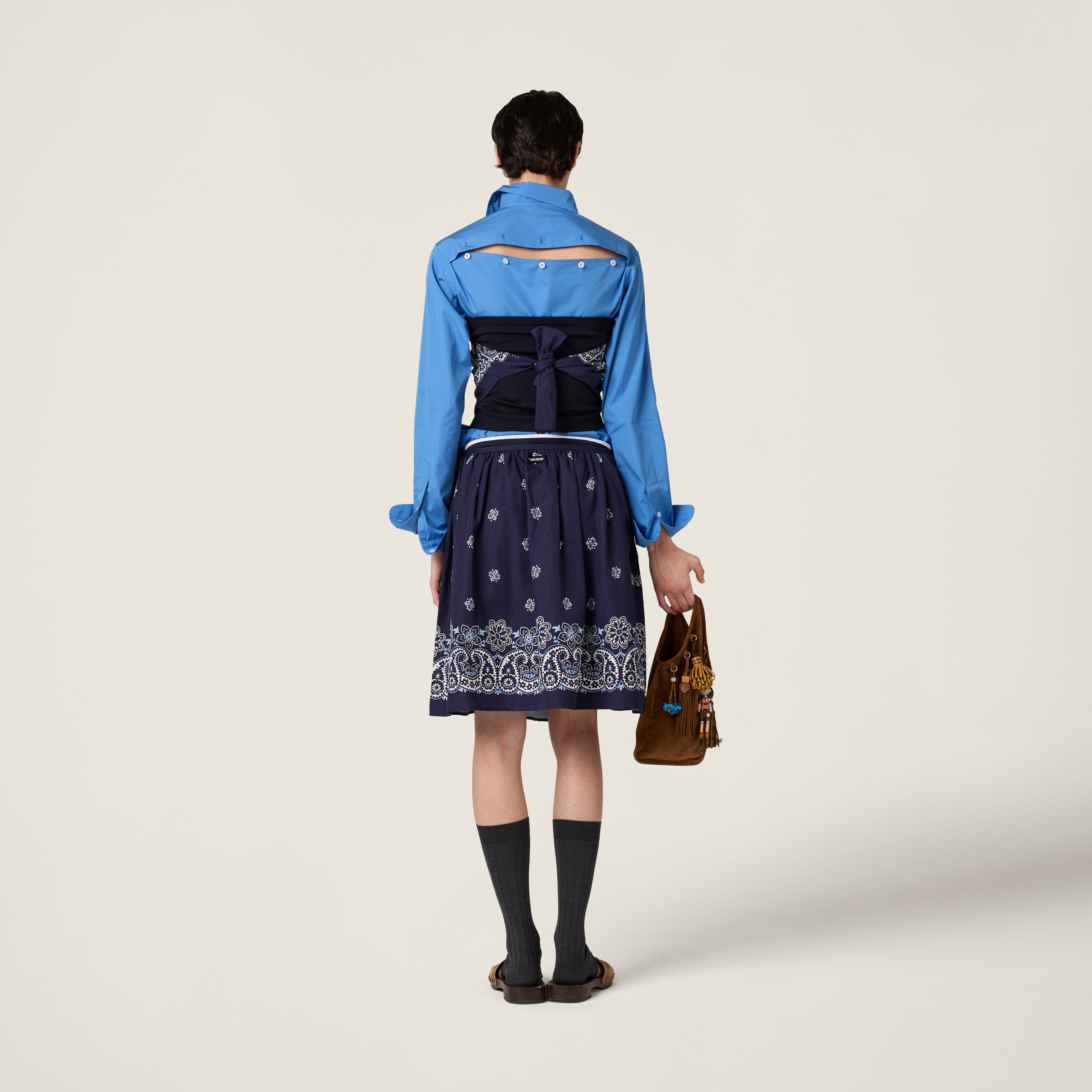 Miu Miu Cotton Popeline Shirt With Logo Embroidery In Blue
