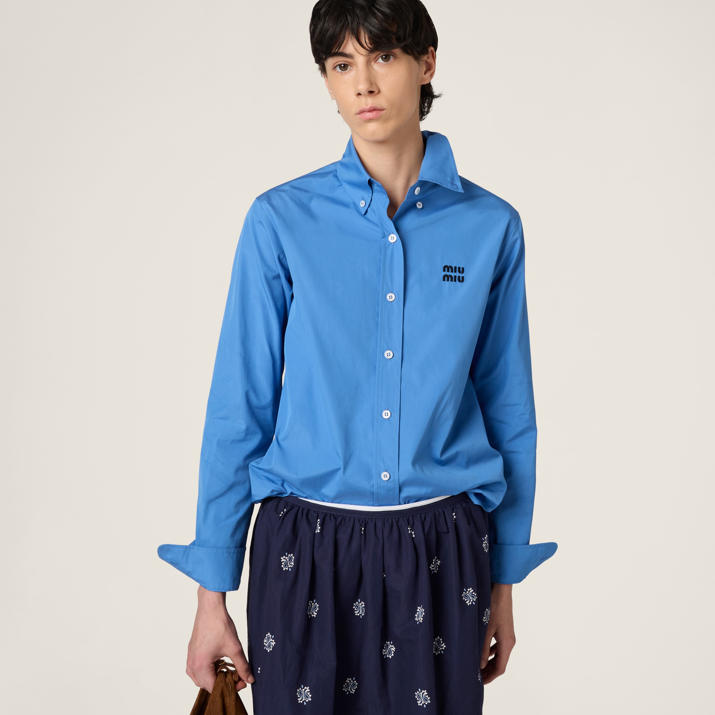 Miu Miu Cotton Popeline Shirt With Logo Embroidery In Blue