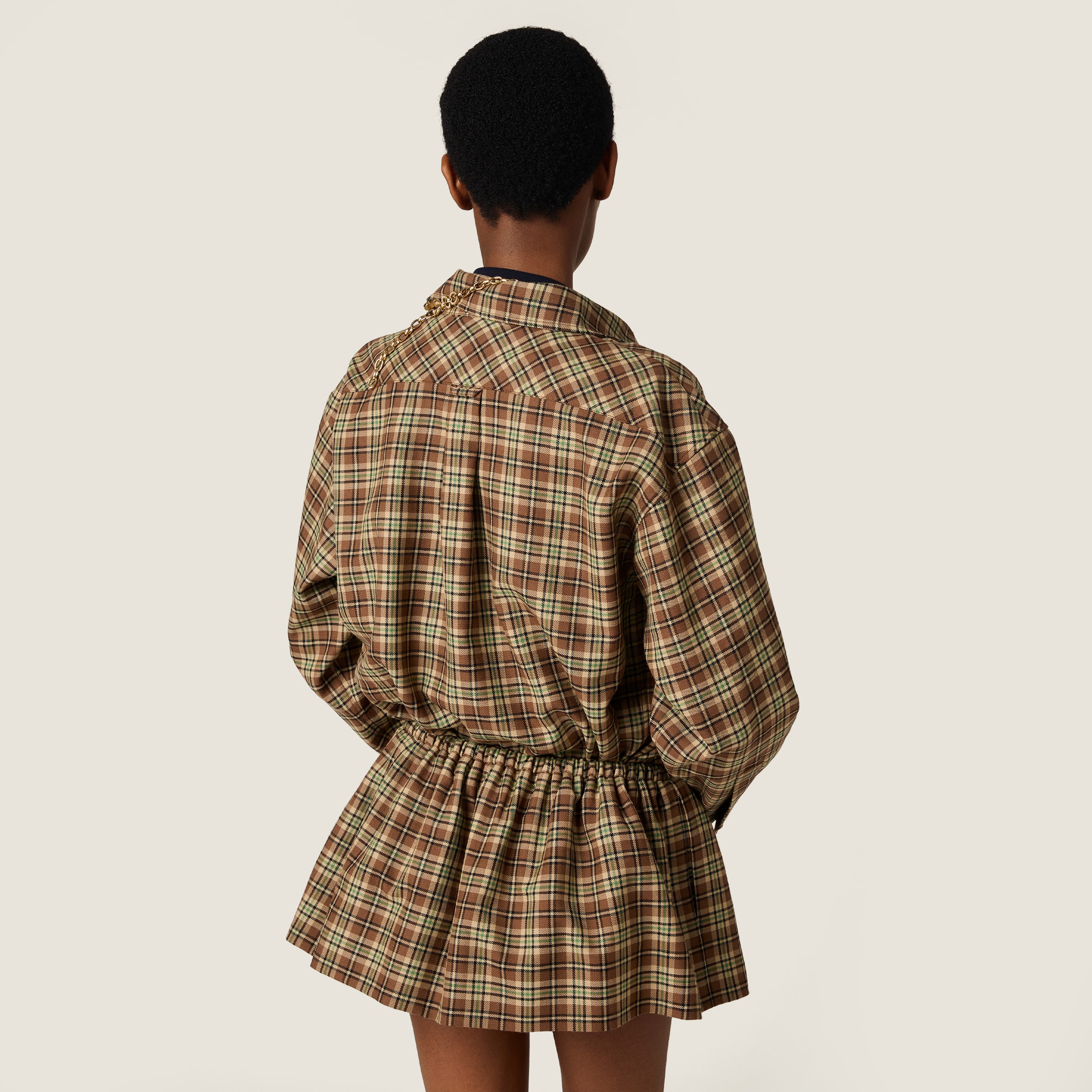 Miu Miu Plaid Oversized Virgin Wool Shirt In Brown