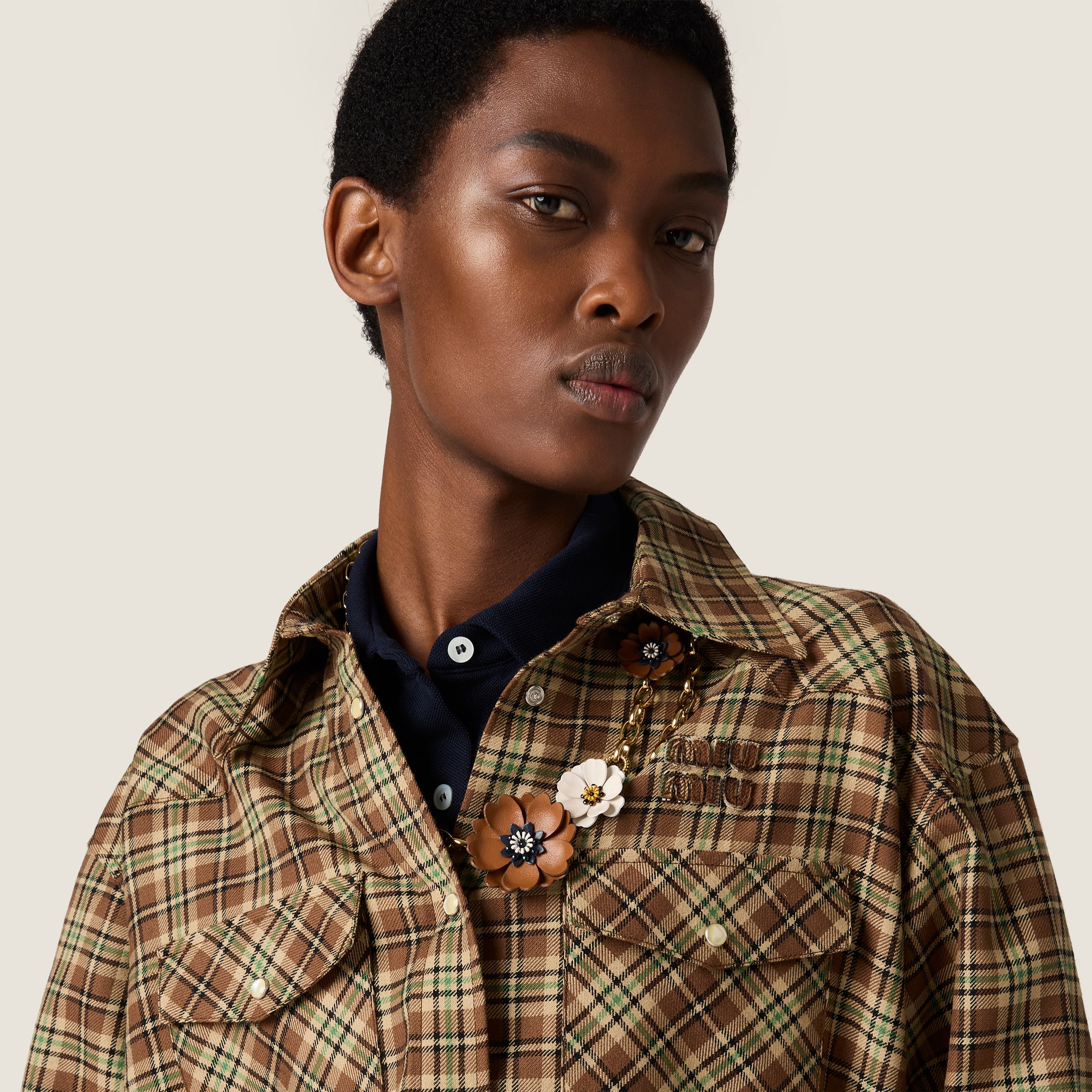 Miu Miu Plaid Oversized Virgin Wool Shirt In Brown