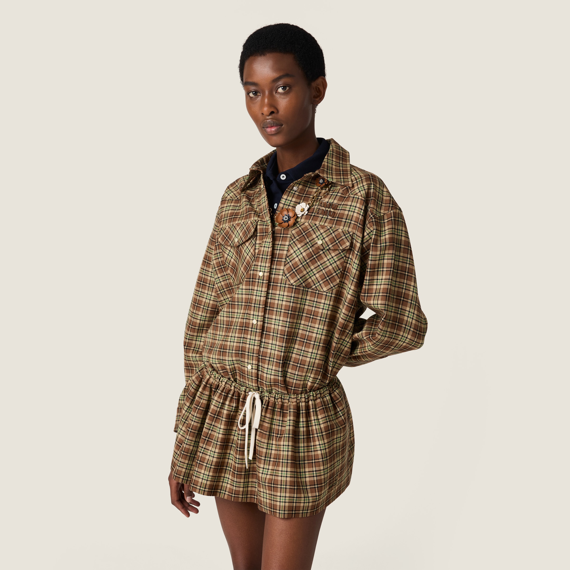 Miu Miu Plaid Oversized Virgin Wool Shirt In Brown