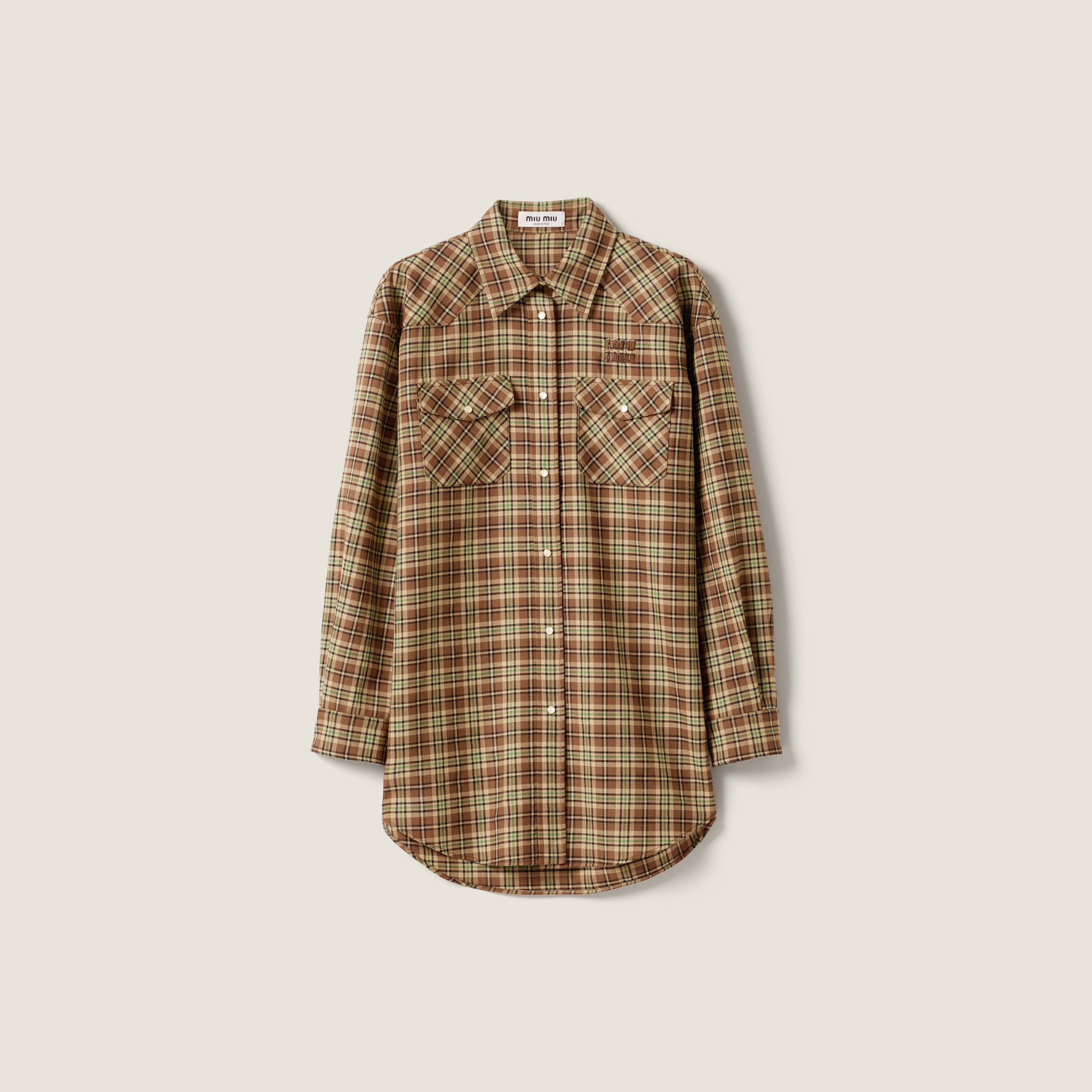 Miu Miu Plaid Oversized Virgin Wool Shirt In Brown