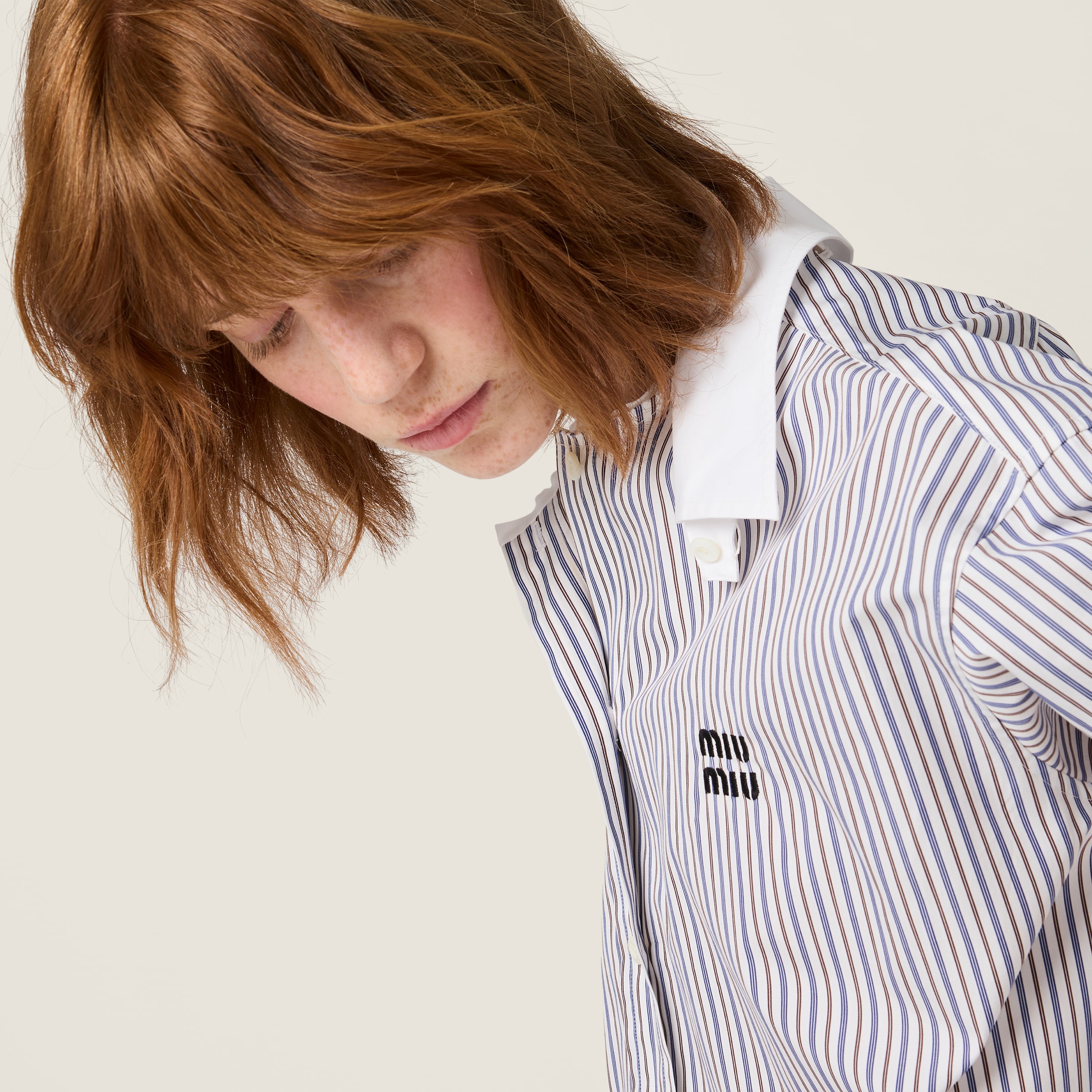 Miu Miu Striped Shirt With Collared Neck And Long Sleeves In Blue