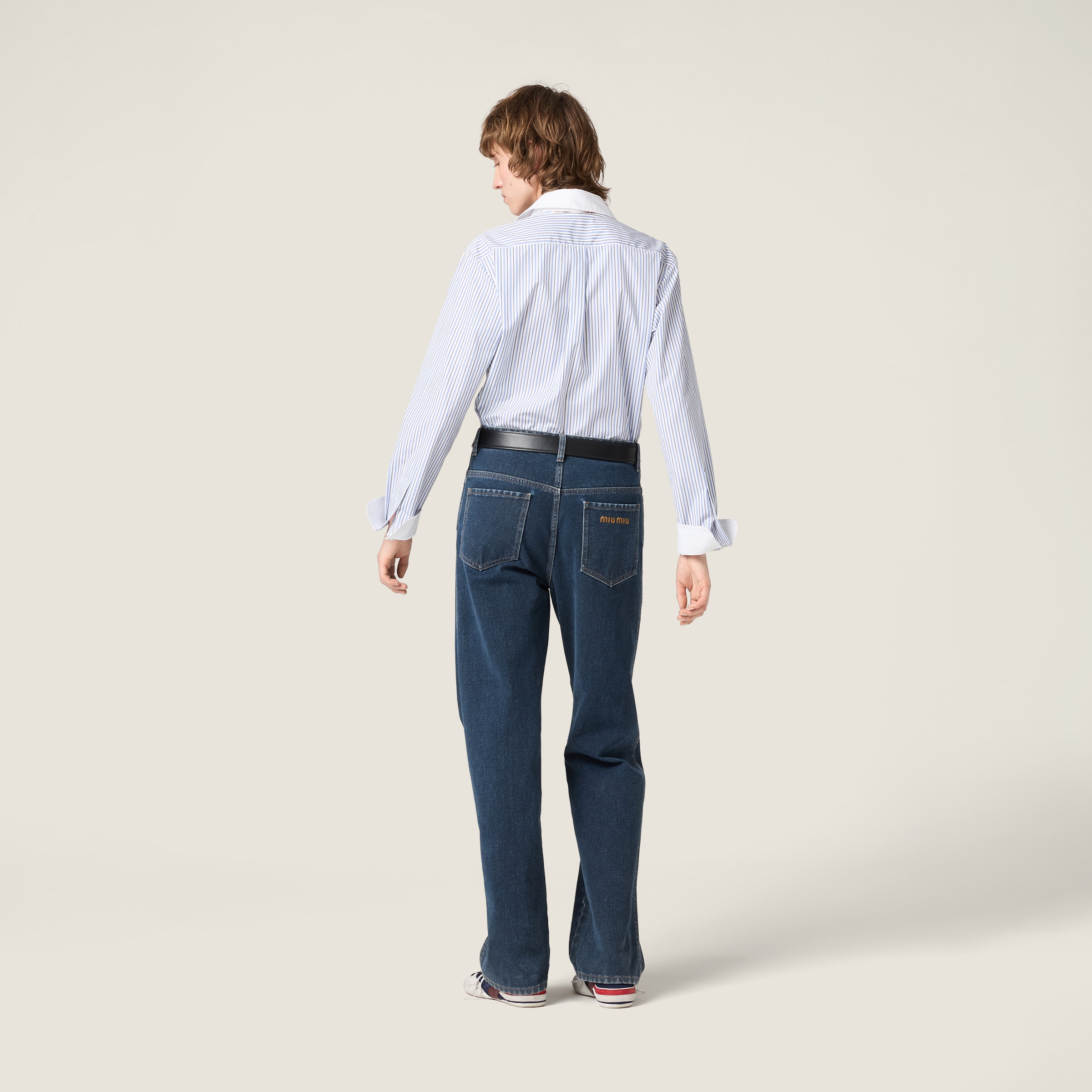 Miu Miu Striped Logo-embroidered Shirt In Blue