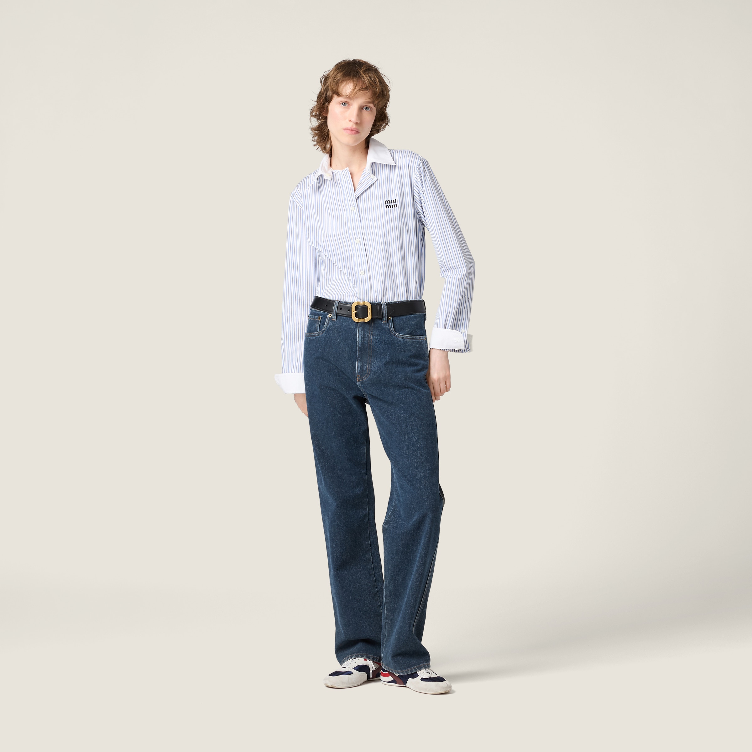 Miu Miu Striped Logo-embroidered Shirt In Blue