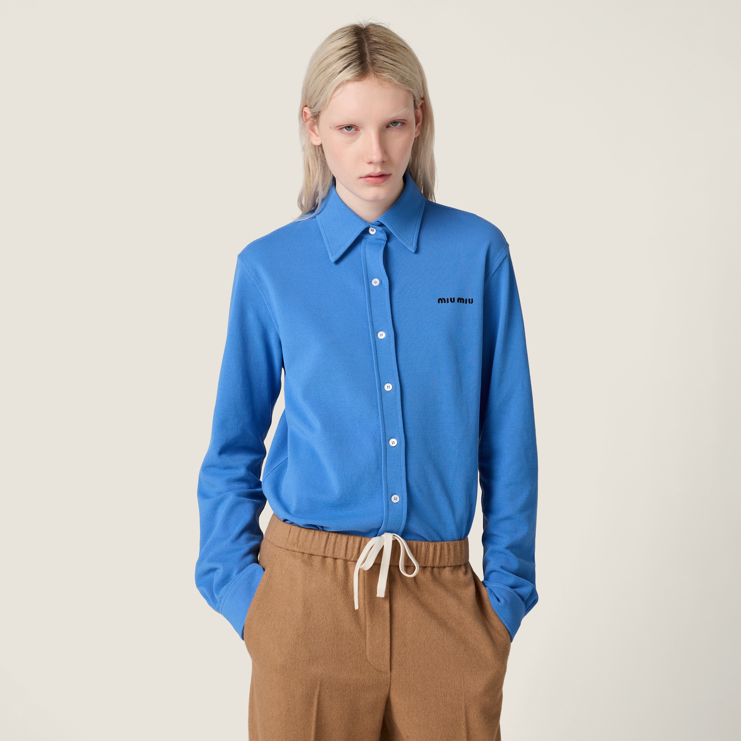 Tシャツ・カットソー MiuMiu FW25 Miu Miu Piquet Shirt (MK1980SOOO 14RW F0237) Periwinkle Blue Cotton Piqué Shirt | Miu Miu
