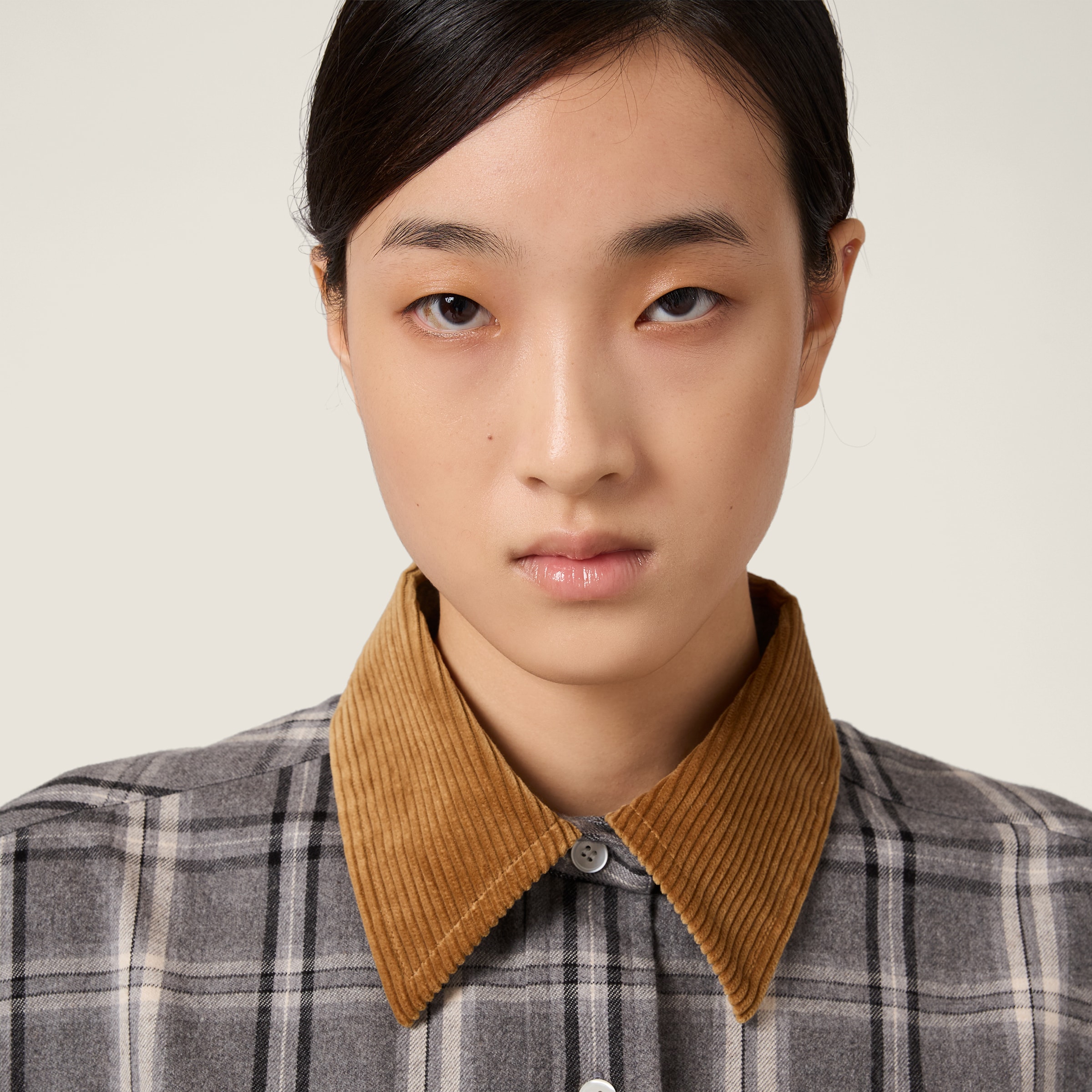 Miu Miu Long Sleeve Plaid Shirt With Chest Pockets In Gray