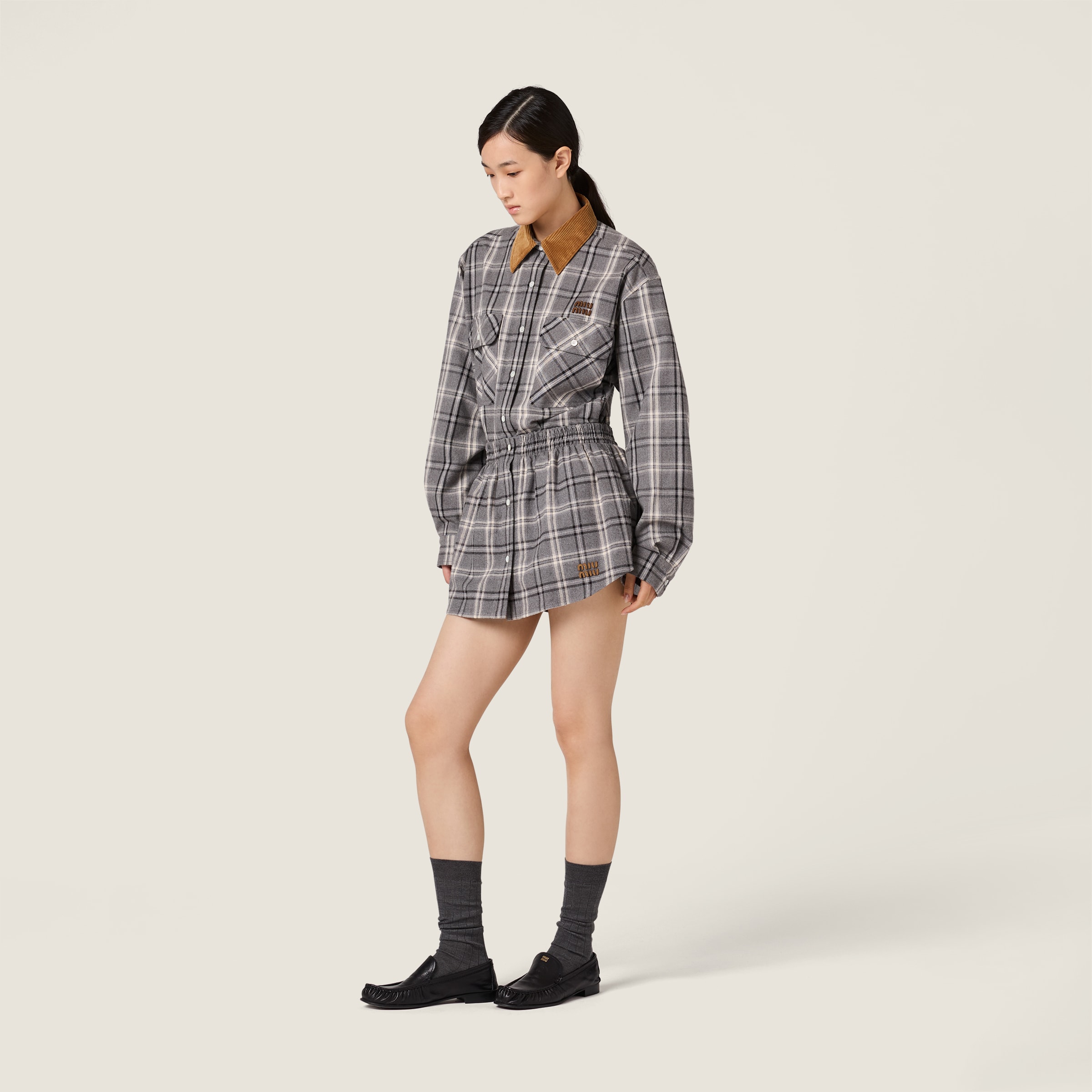 Miu Miu Long Sleeve Plaid Shirt With Chest Pockets In Gray