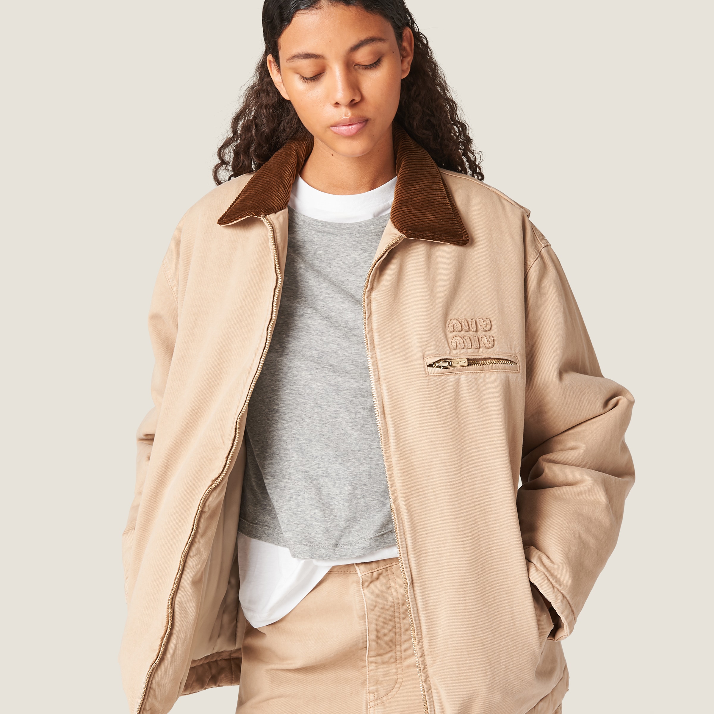 Miu Miu Embroidered Garment-dyed Gabardine Blouson Jacket In Albino White