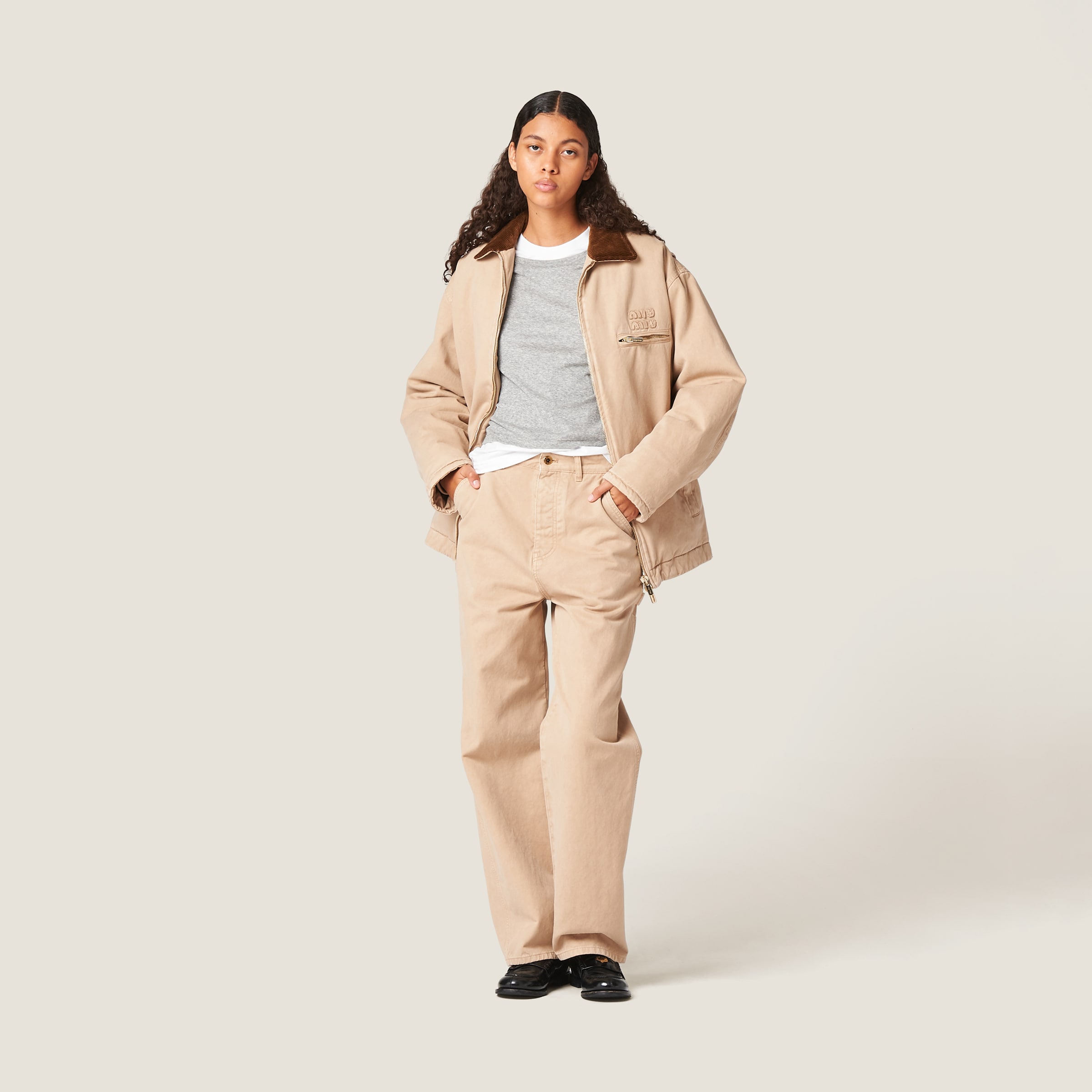 Miu Miu Embroidered Garment-dyed Gabardine Blouson Jacket In Albino White