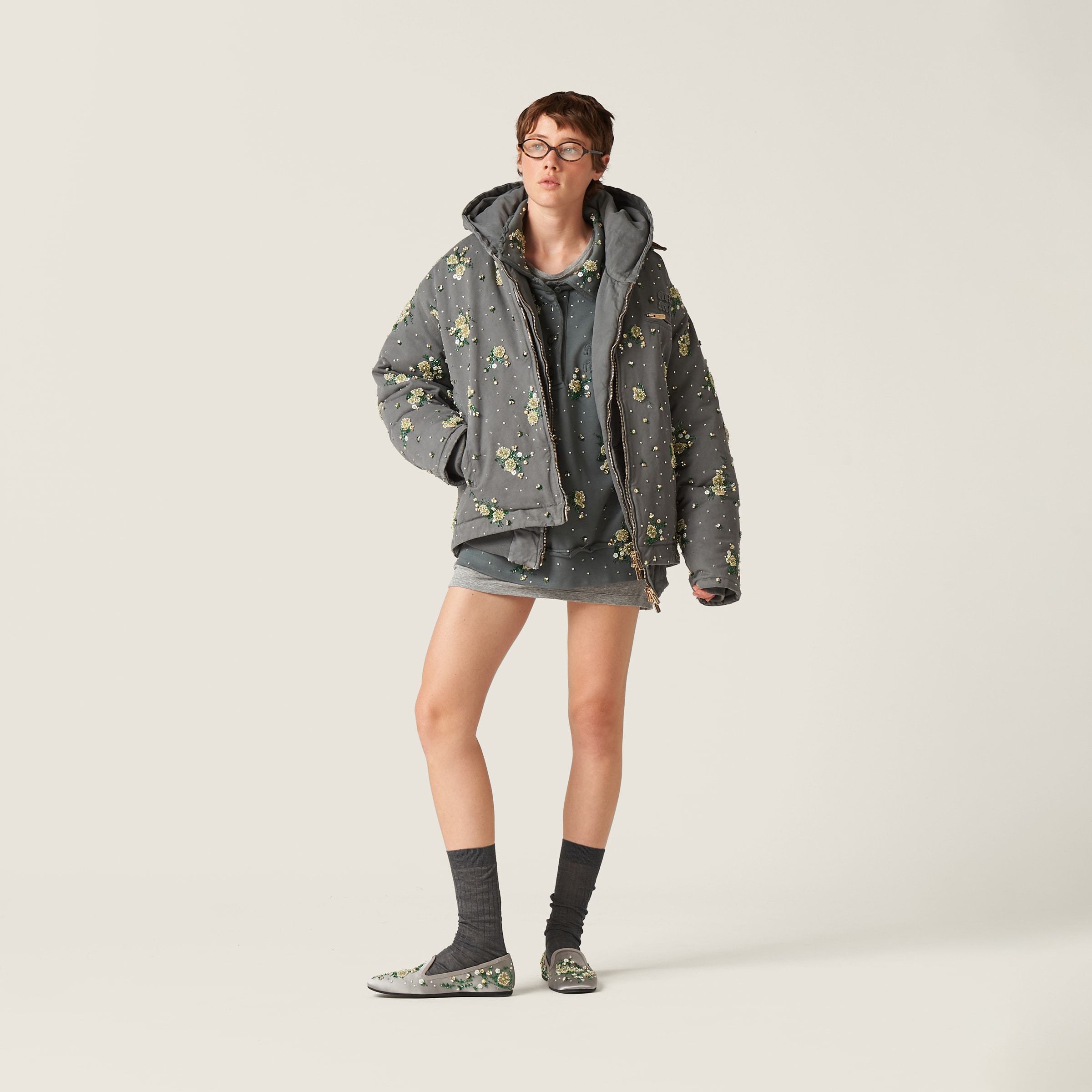 Iron Gray Embroidered Garment dyed Gabardine Blouson Jacket Miu Miu