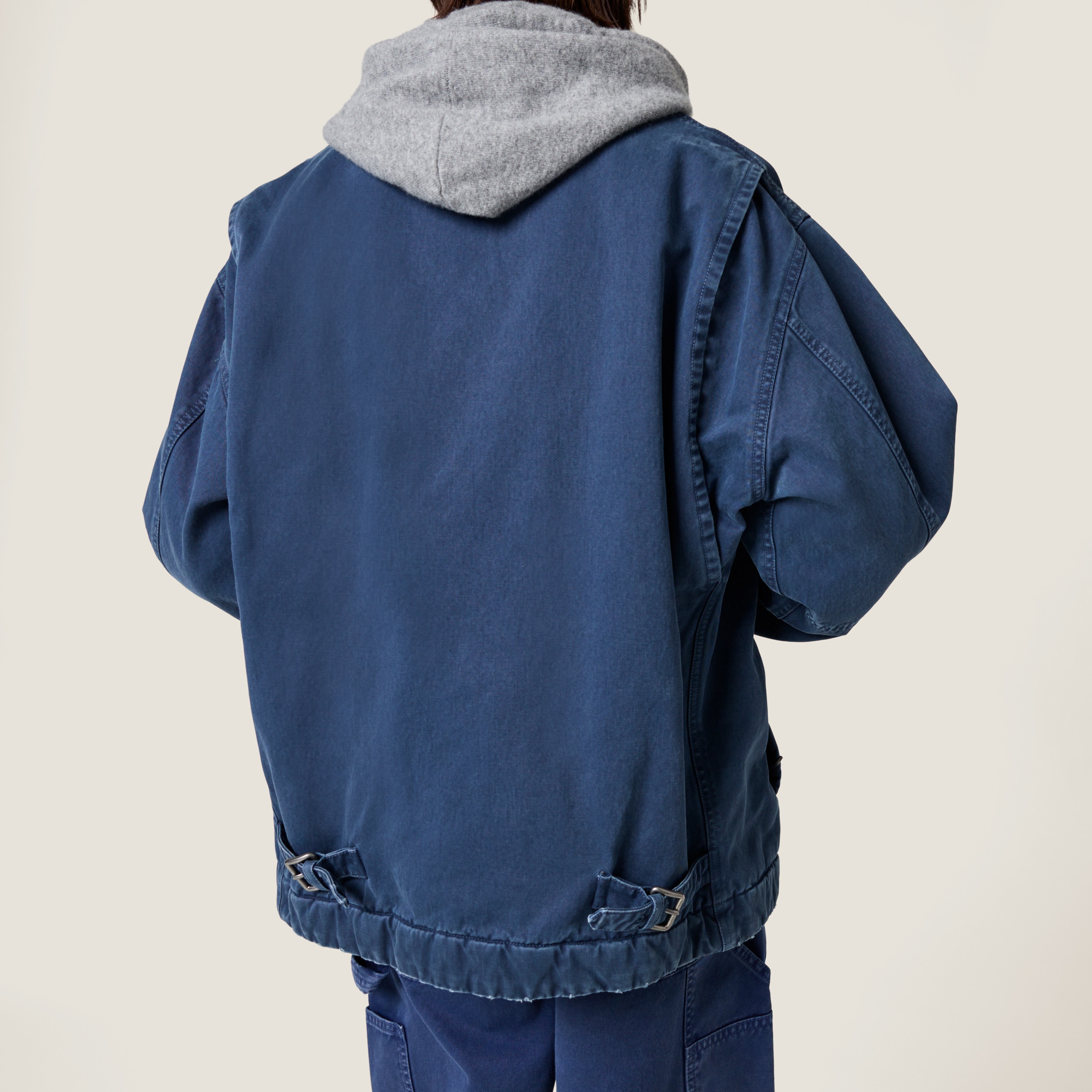 関税込 MiuMiu Gabardine trucker jacket with corduroy collar Indigo Blue Gabardine Trucker Jacket With Corduroy Collar