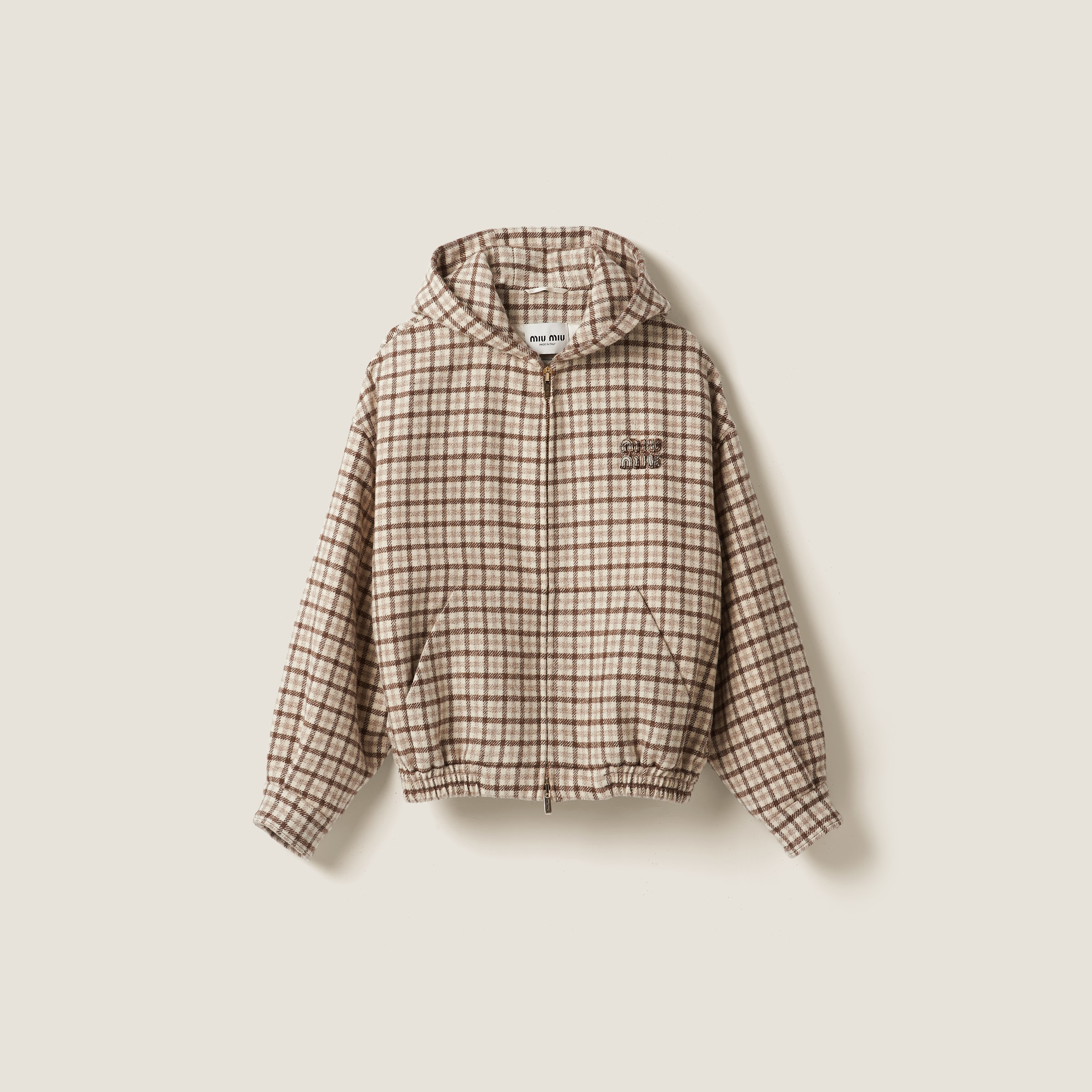 Miu Miu Check Hooded Cropped Wool Jacket In Cocoa Brown