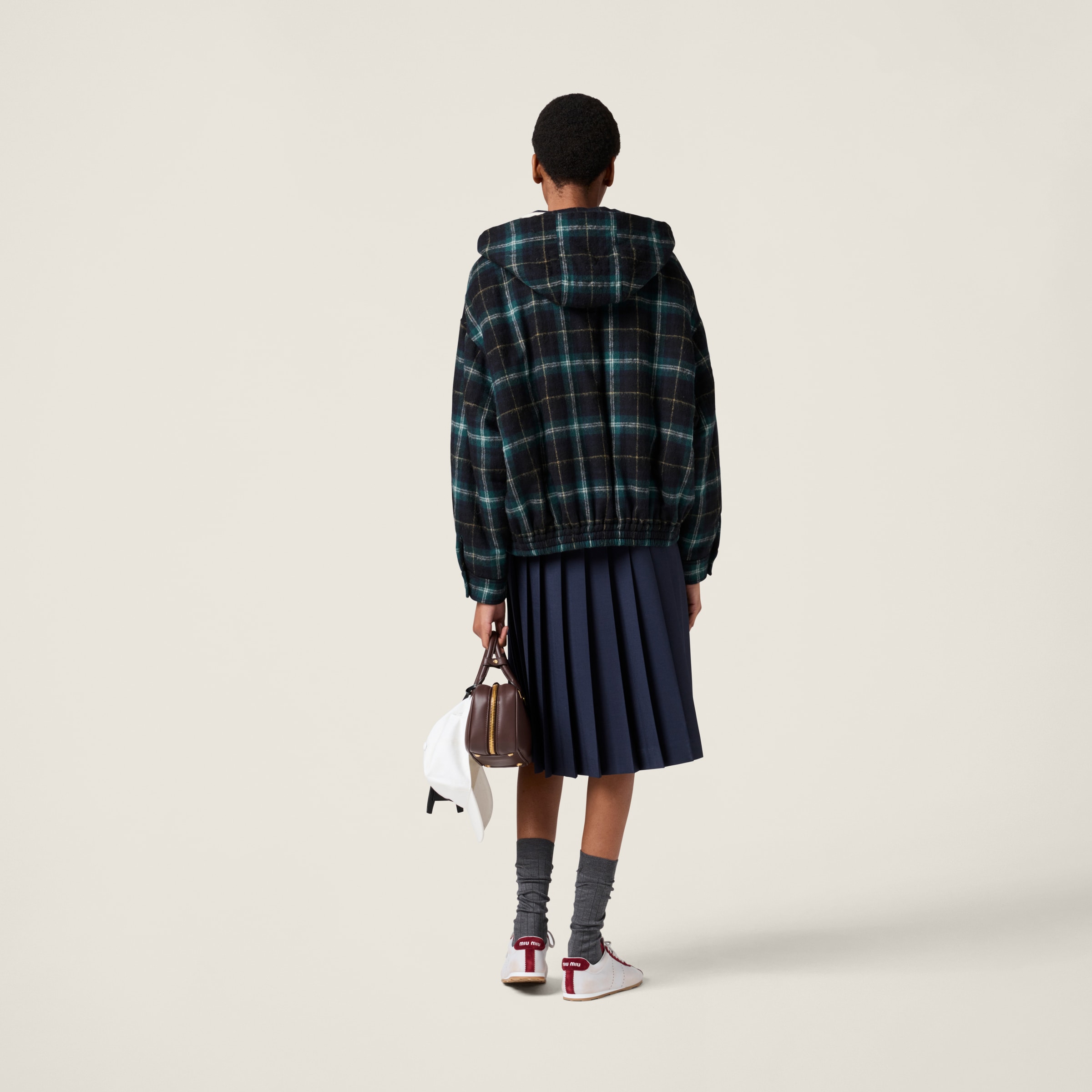 Miu Miu Plaid Hoodie Jacket In Navy