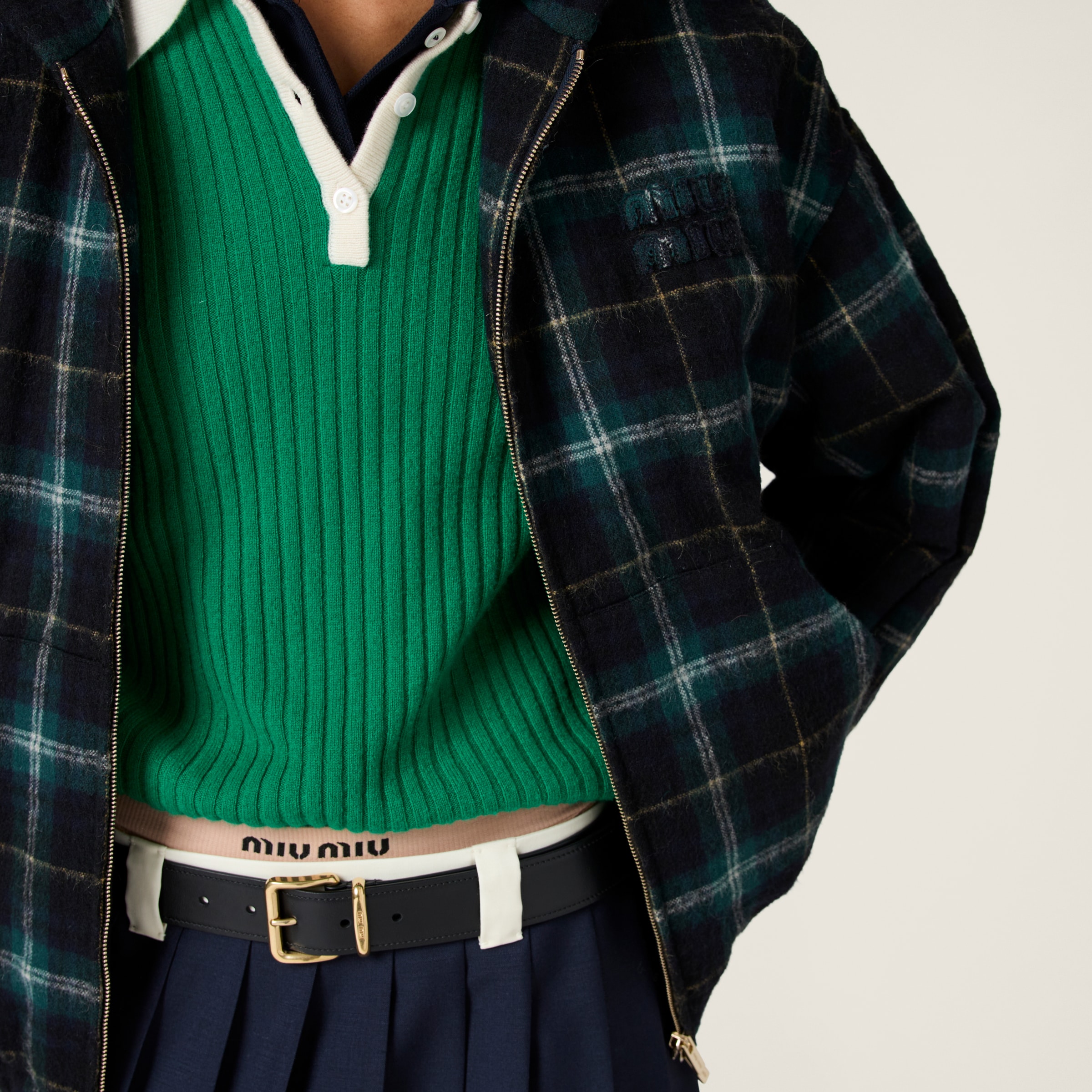 Miu Miu Plaid Hoodie Jacket In Navy
