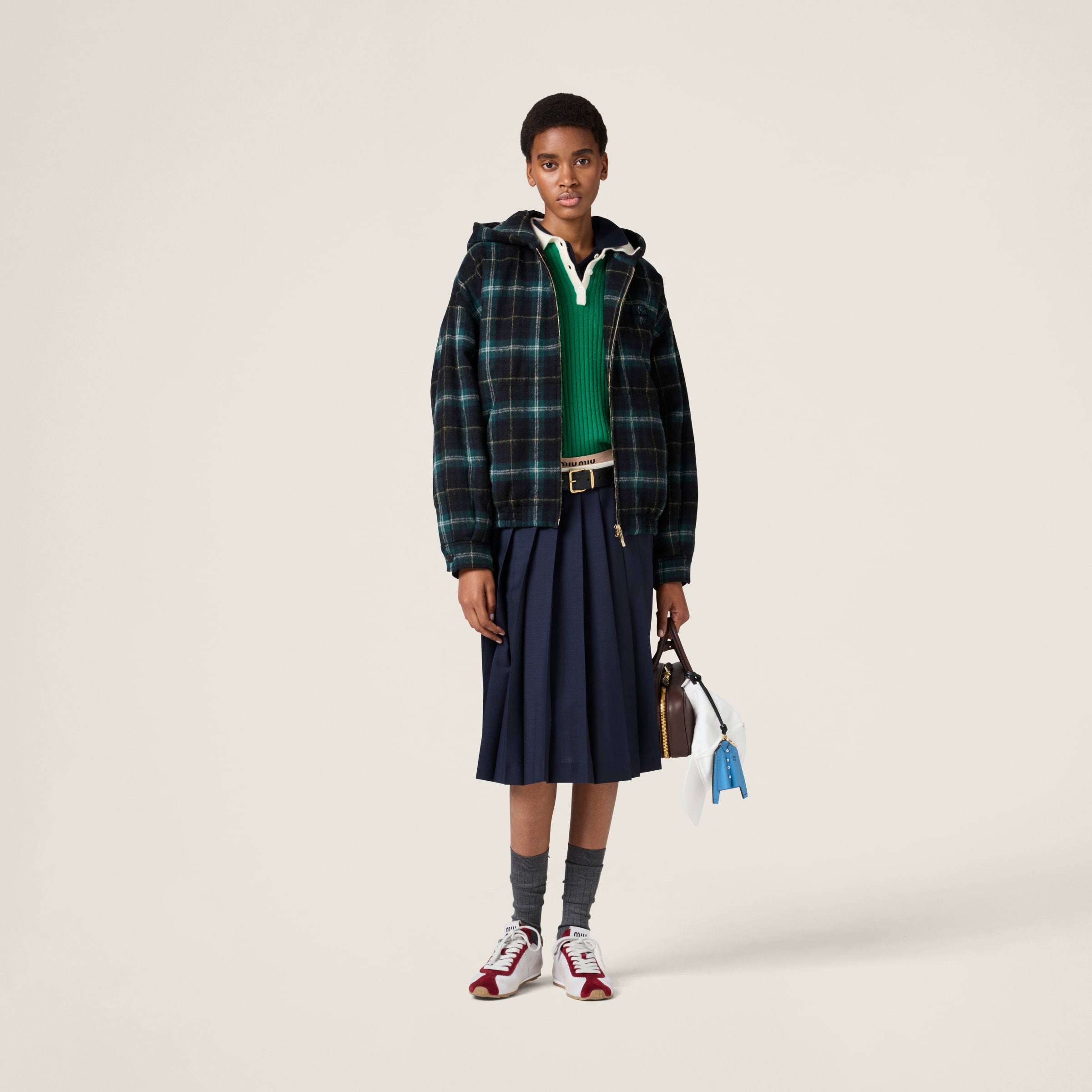 Miu Miu Plaid Hoodie Jacket In Navy