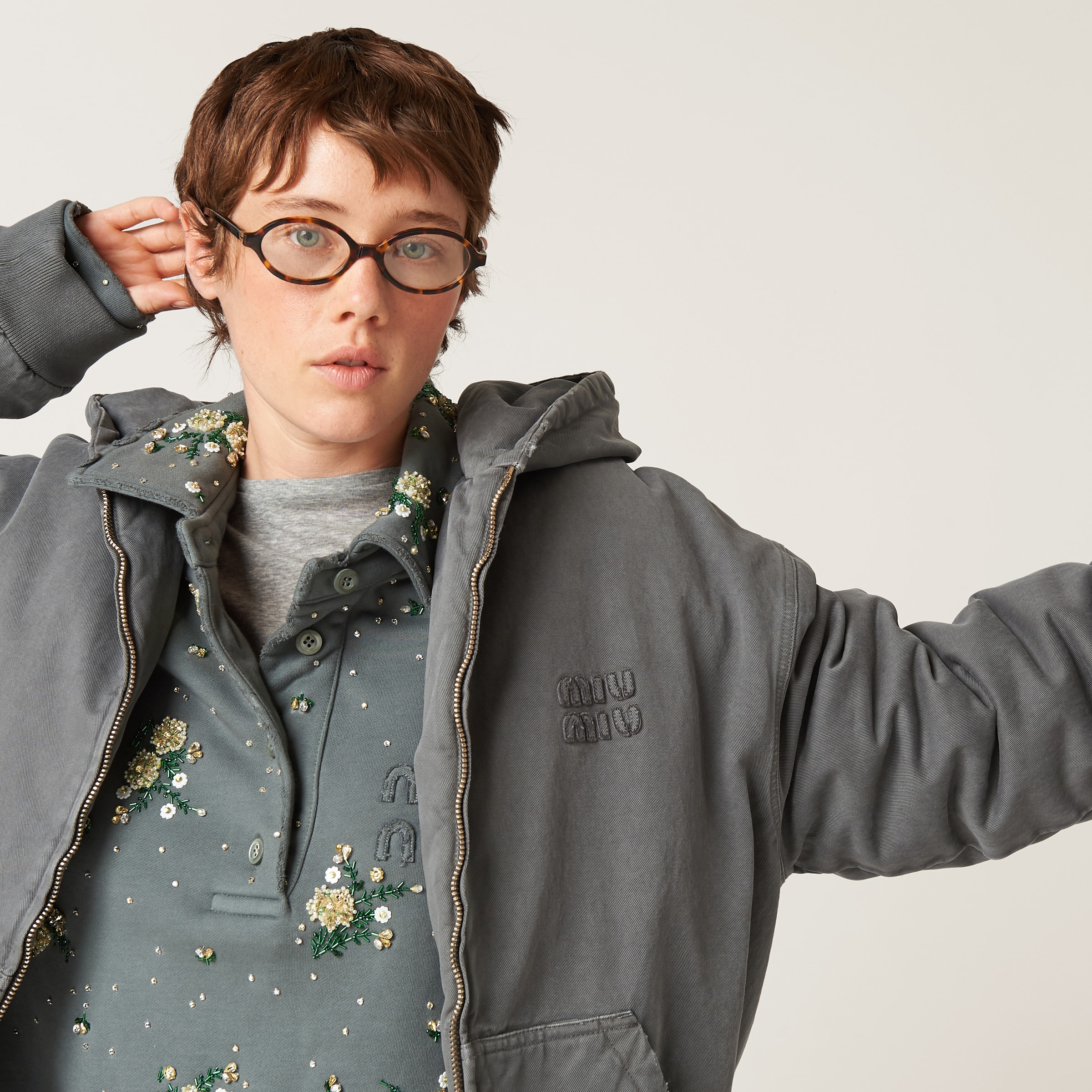 Garment-dyed blouson jacket with embroidered logo ブルゾン Iron Gray Garment-dyed Blouson Jacket With Embroidered Logo