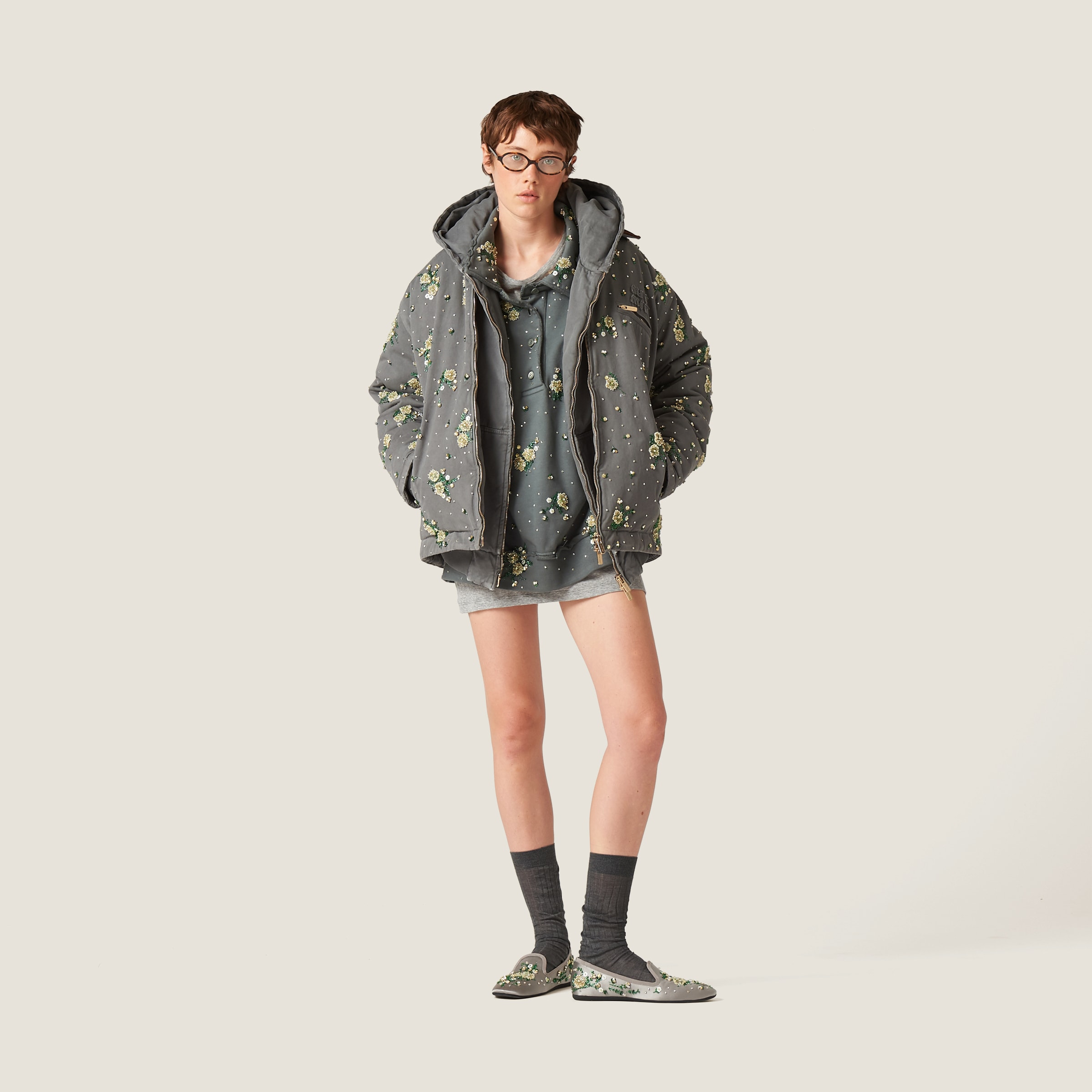 Iron Gray Garment-dyed Blouson Jacket With Embroidered Logo
