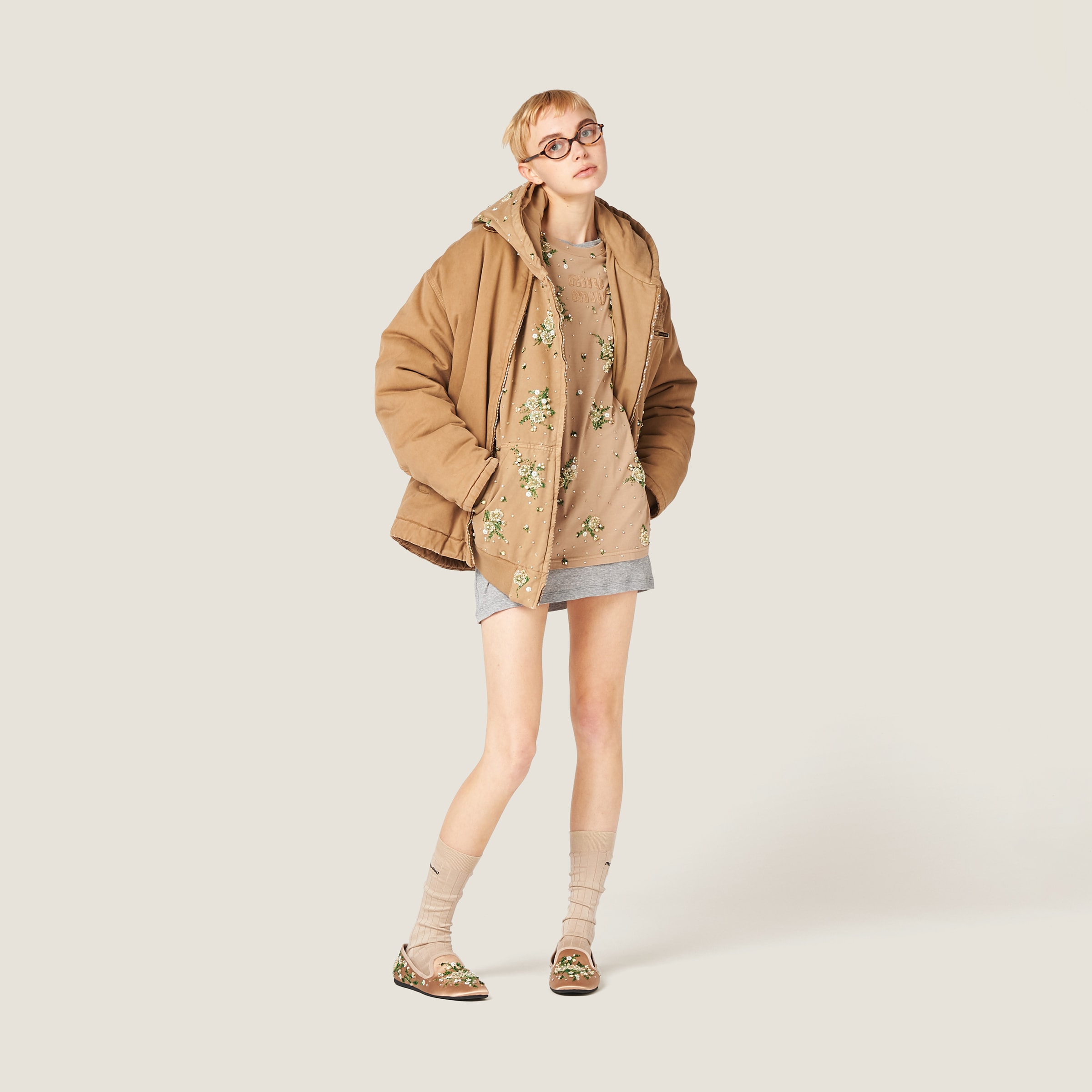 Cord Embroidered Garment-dyed Gabardine Blouson Jacket | Miu Miu
