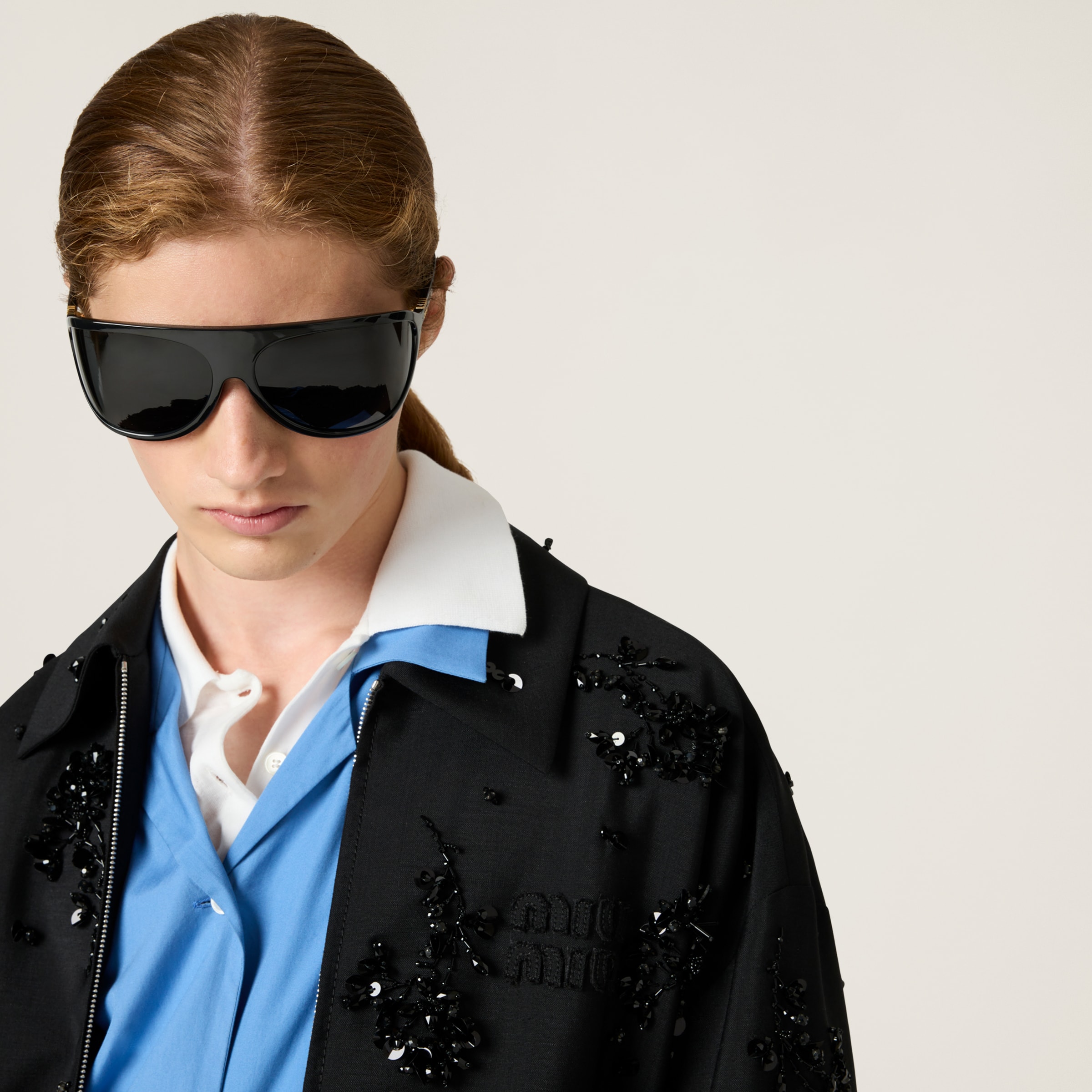 Miu Miu Embroidered Kid Mohair Blouson Jacket In Black