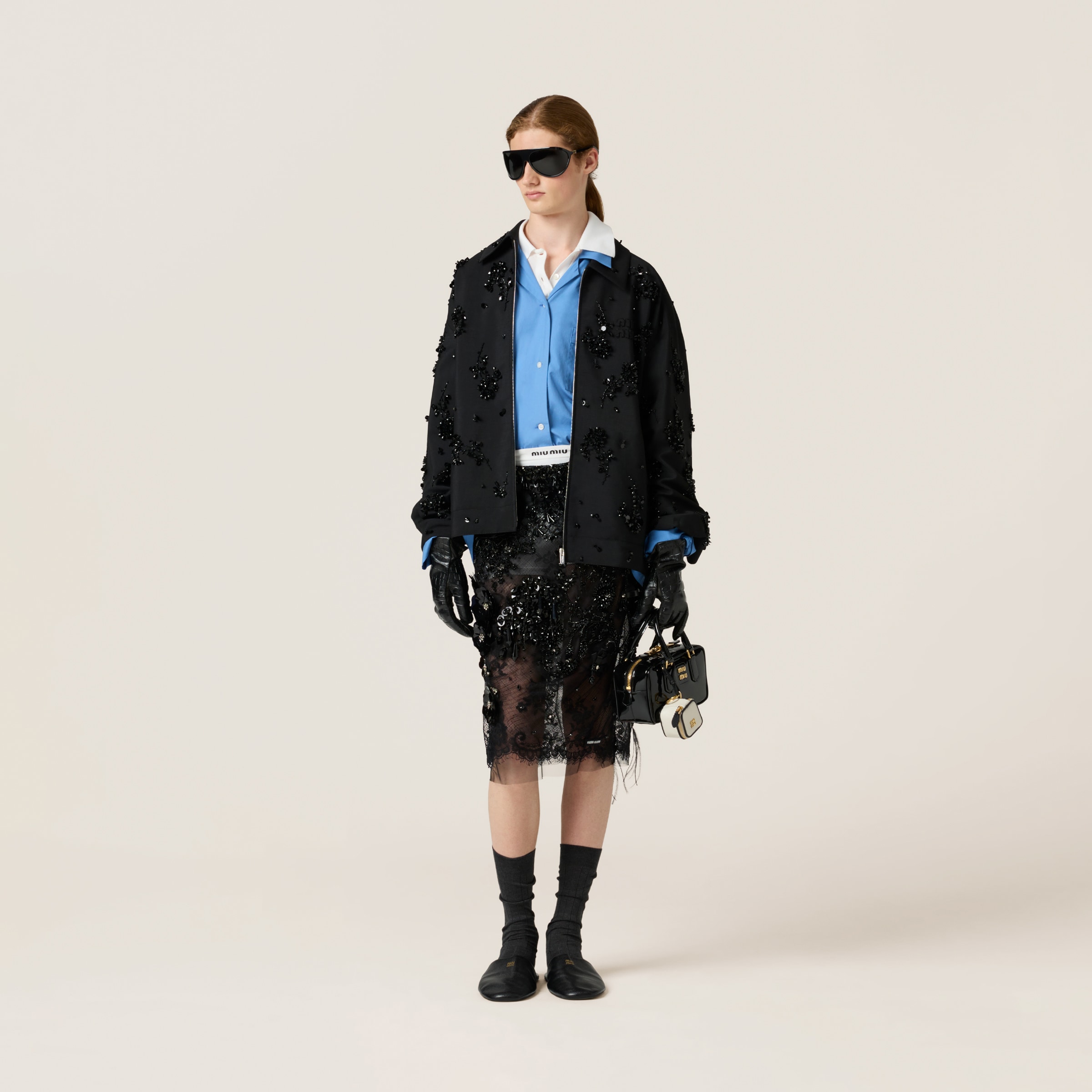 Miu Miu Embroidered Kid Mohair Blouson Jacket In Black