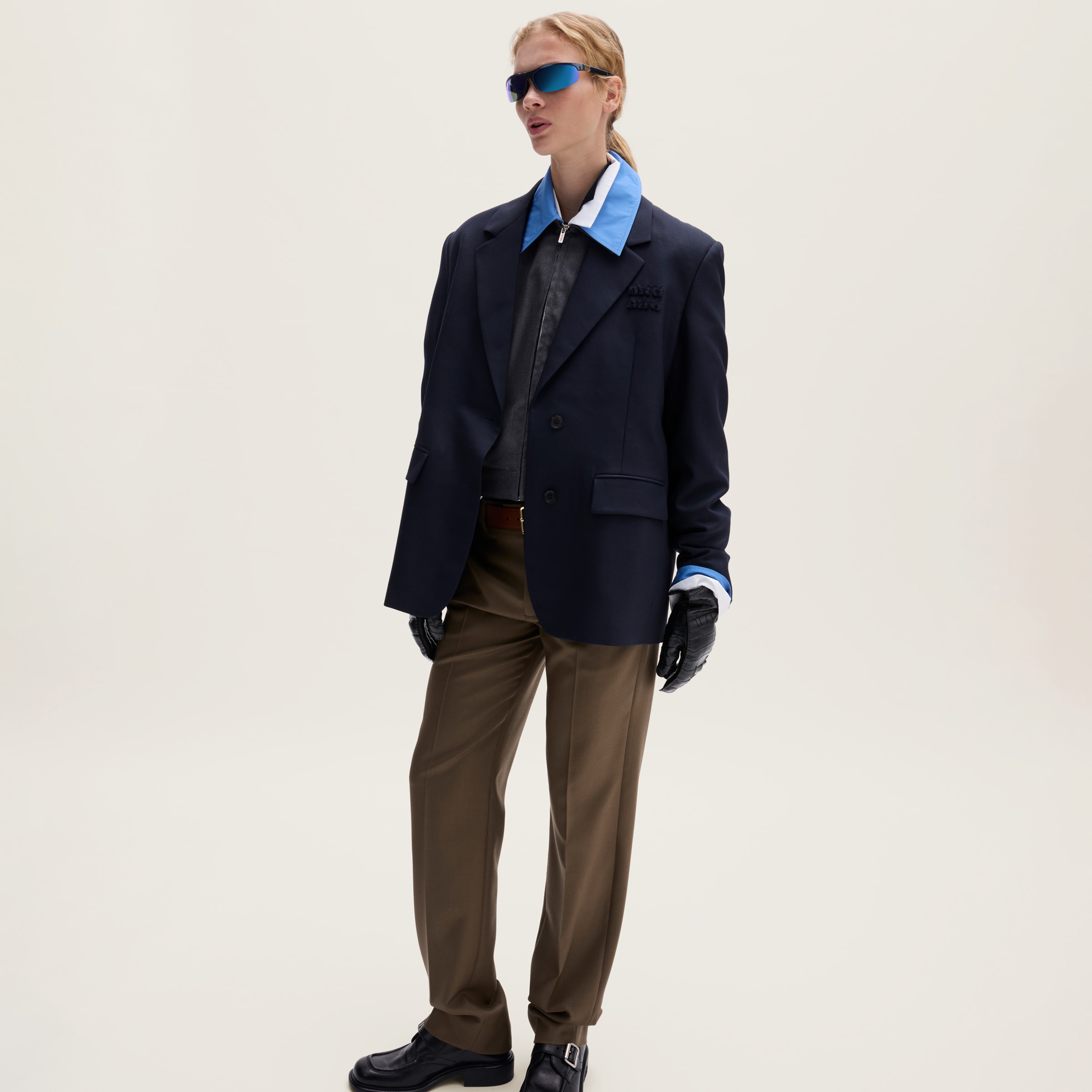 Miu Miu Gabardine Blouson Jacket With Poplin Collar In Anthracite Gray