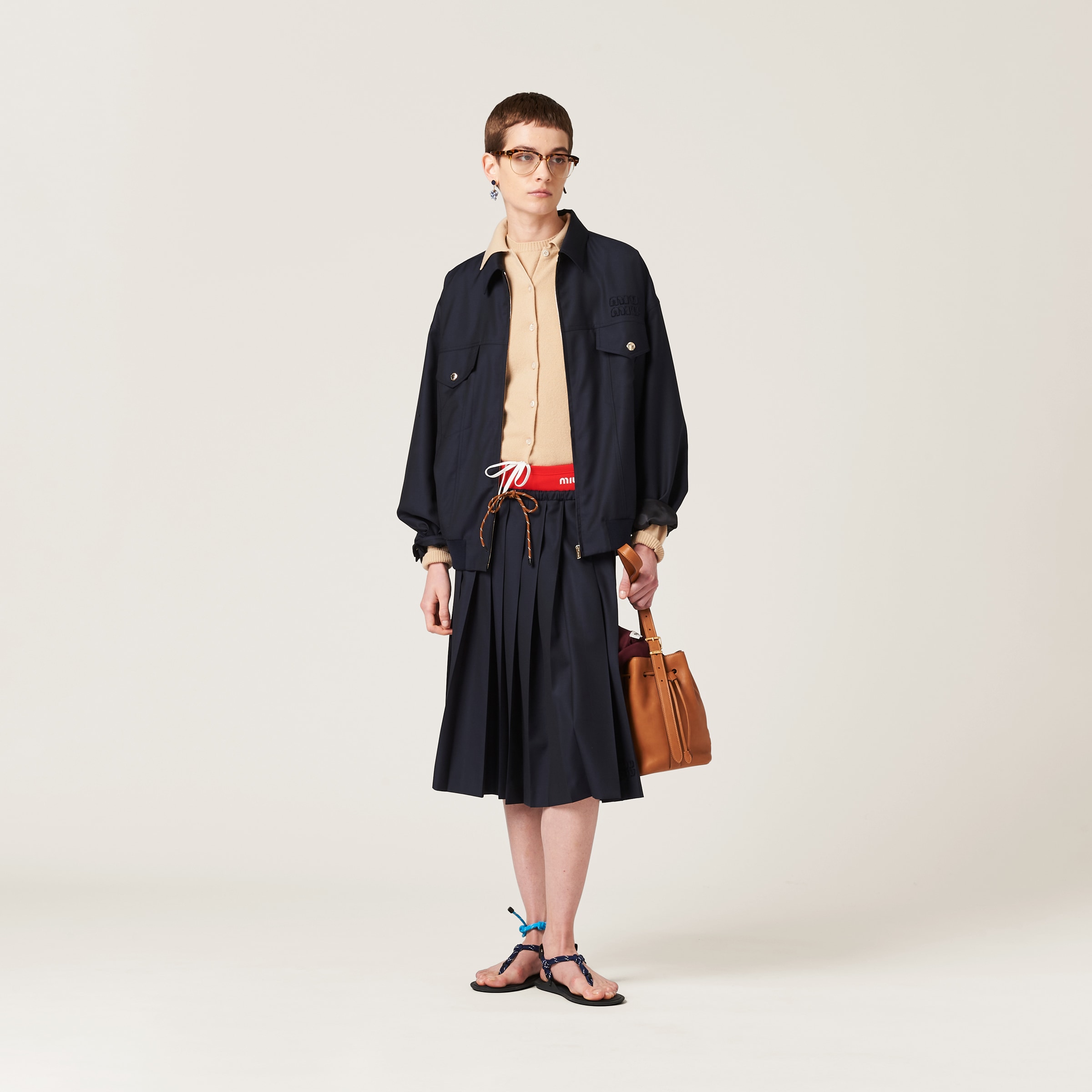 Miu Miu Panama Cotton Blouson Jacket With Pockets In Navy