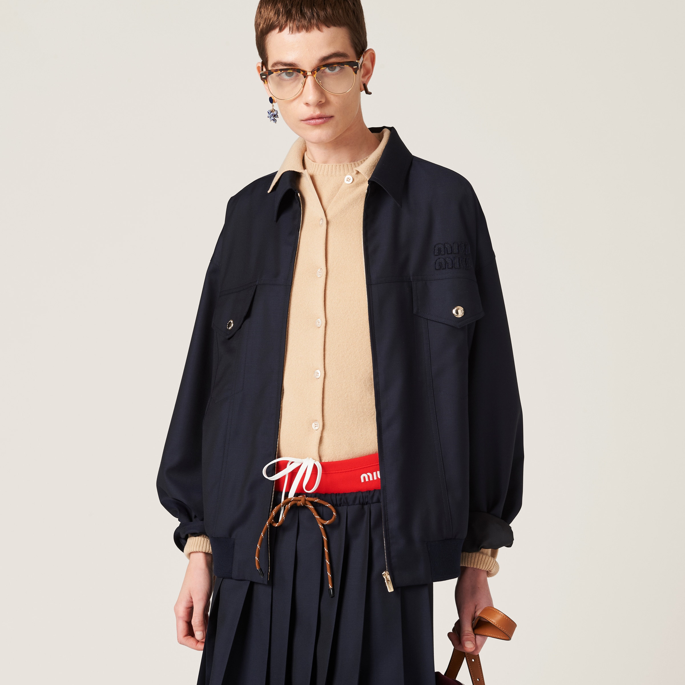 Miu Miu Panama Cotton Blouson Jacket With Pockets In Navy