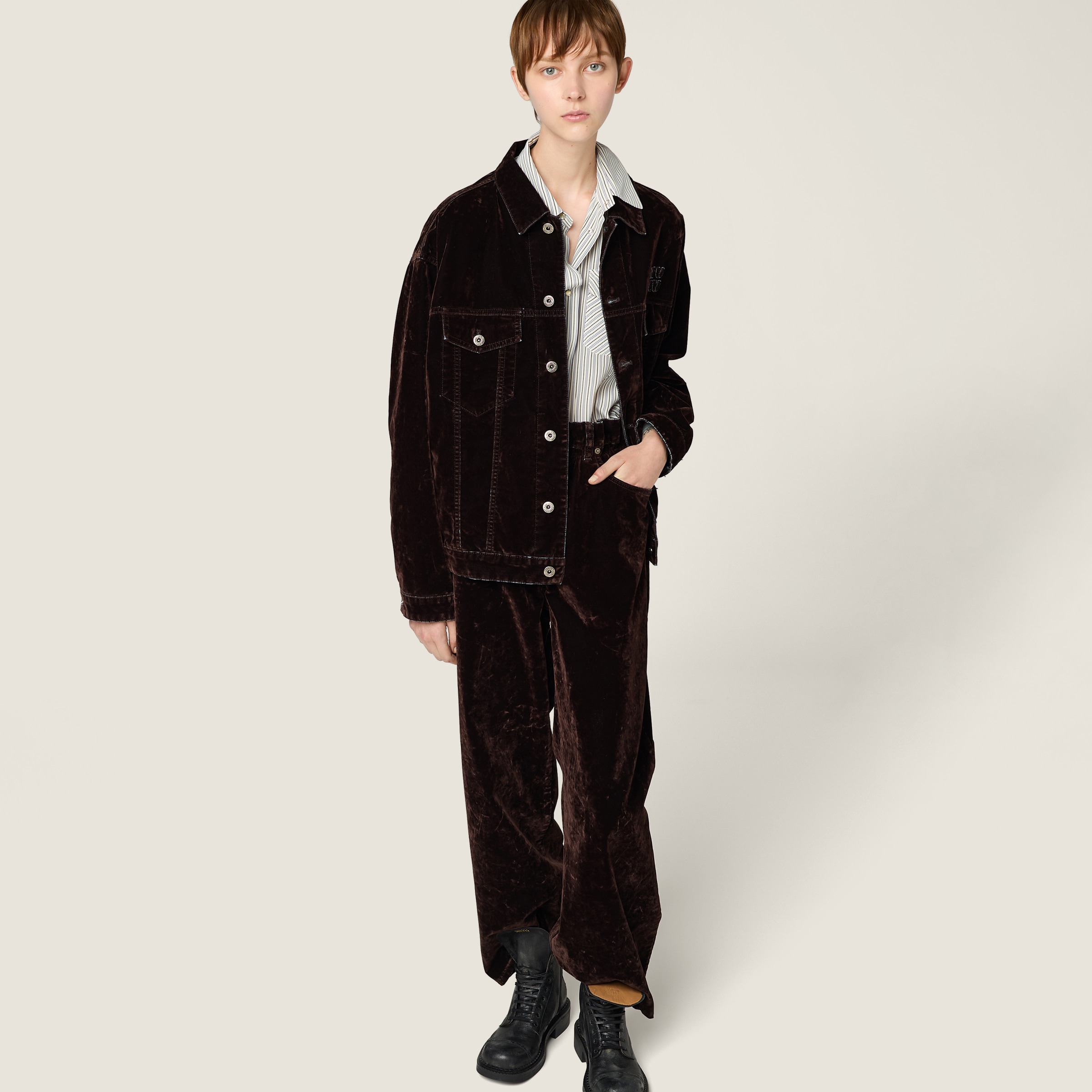 ブラウン フロック加工シャンブレー ジャケット | Miu Miu