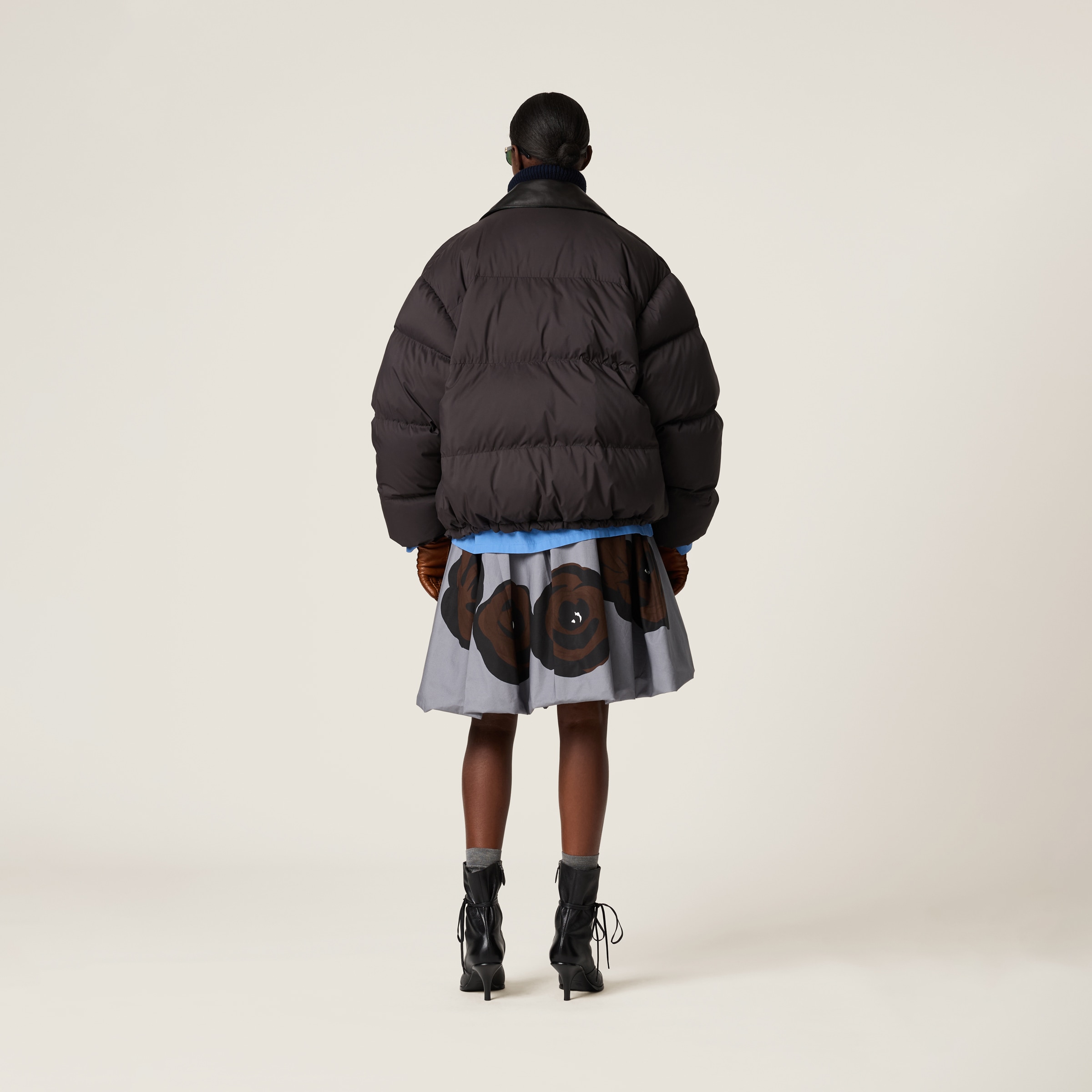Black Technical Pongé Cropped Down Jacket | Miu Miu Black Technical Pongé Cropped Down Jacket | Miu Miu