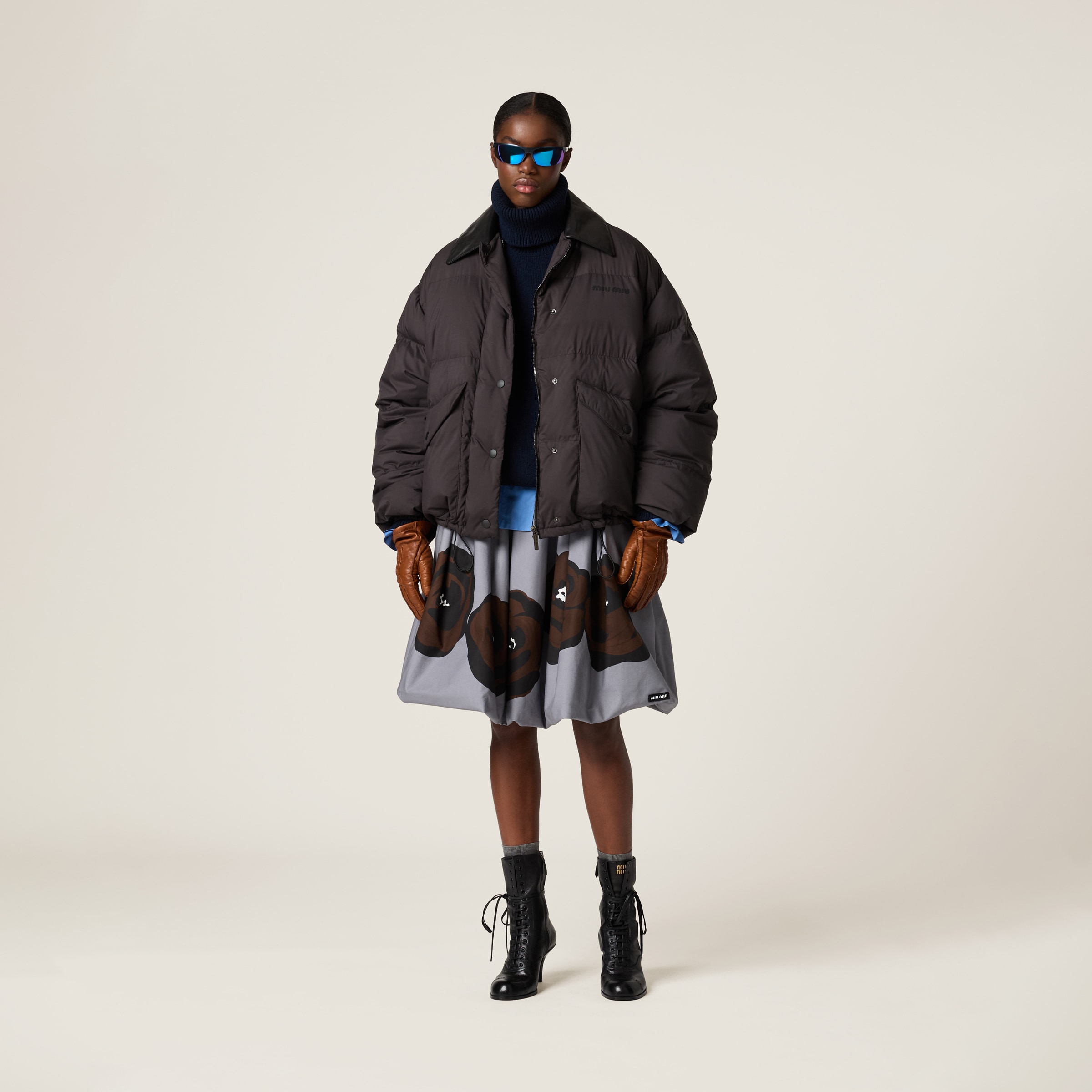 Black Technical Pongé Cropped Down Jacket | Miu Miu Black Technical Pongé Cropped Down Jacket | Miu Miu