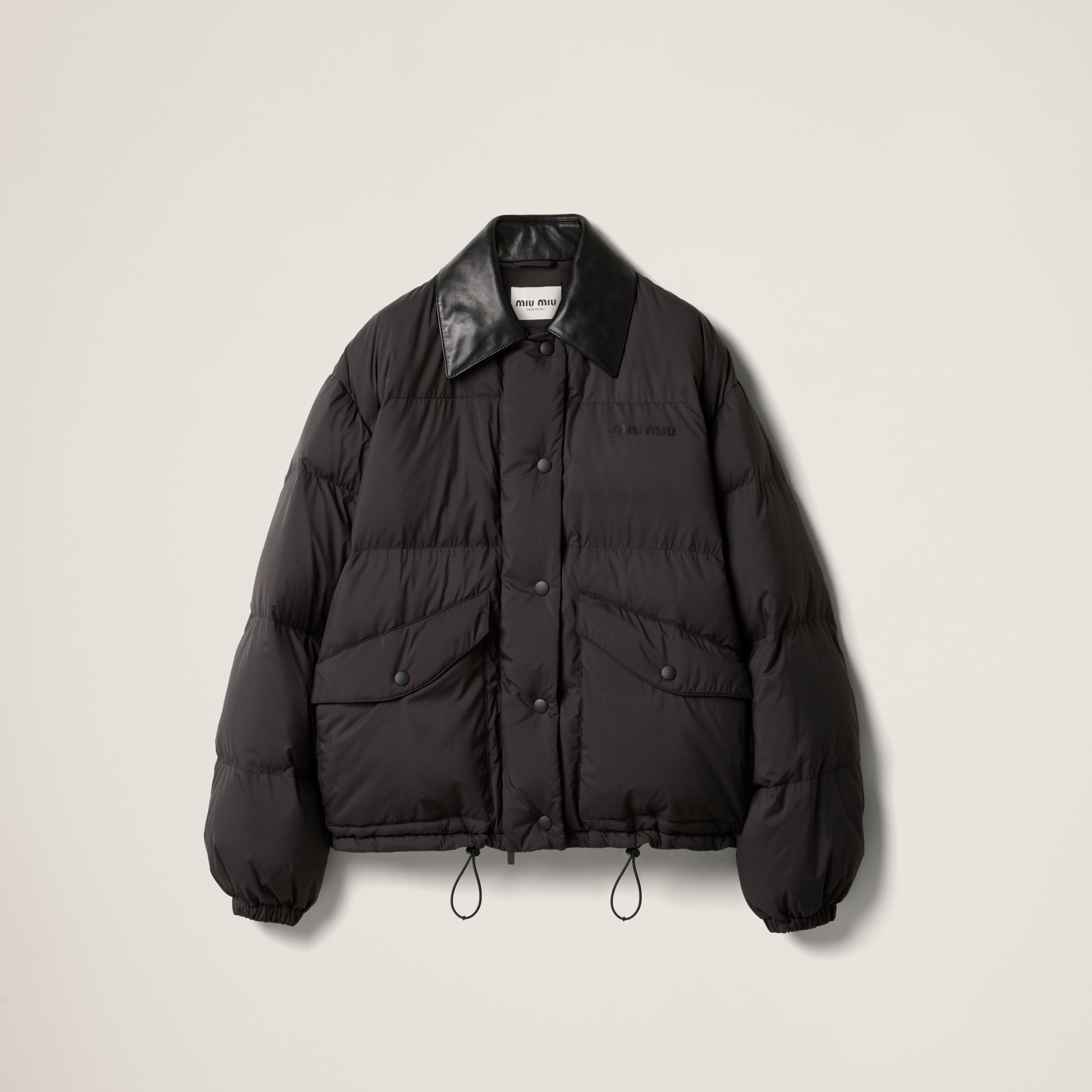Black Technical Pongé Cropped Down Jacket | Miu Miu