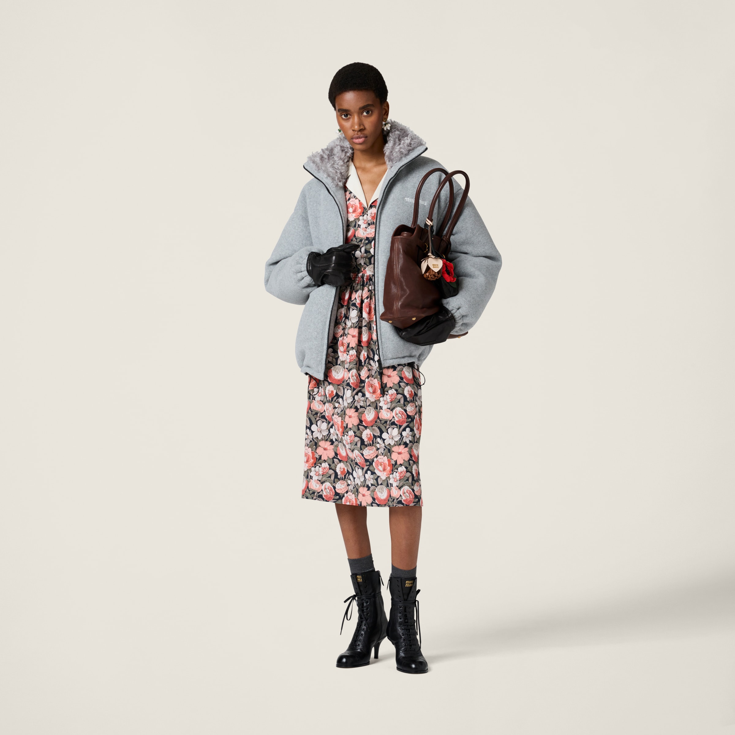 Miu Miu Fleece Down Jacket In Marble Gray