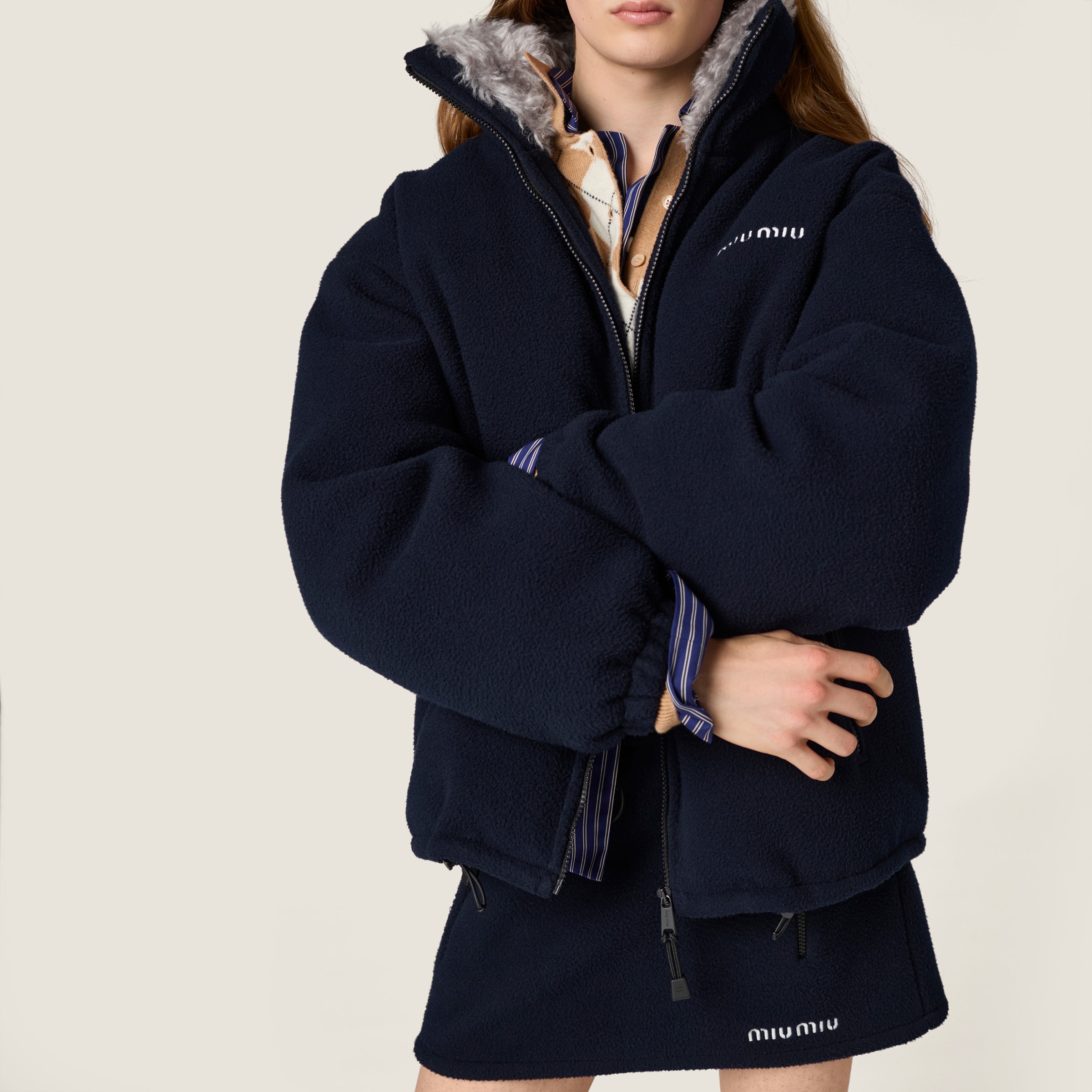 Miu Miu Fleece Down Jacket In Blue