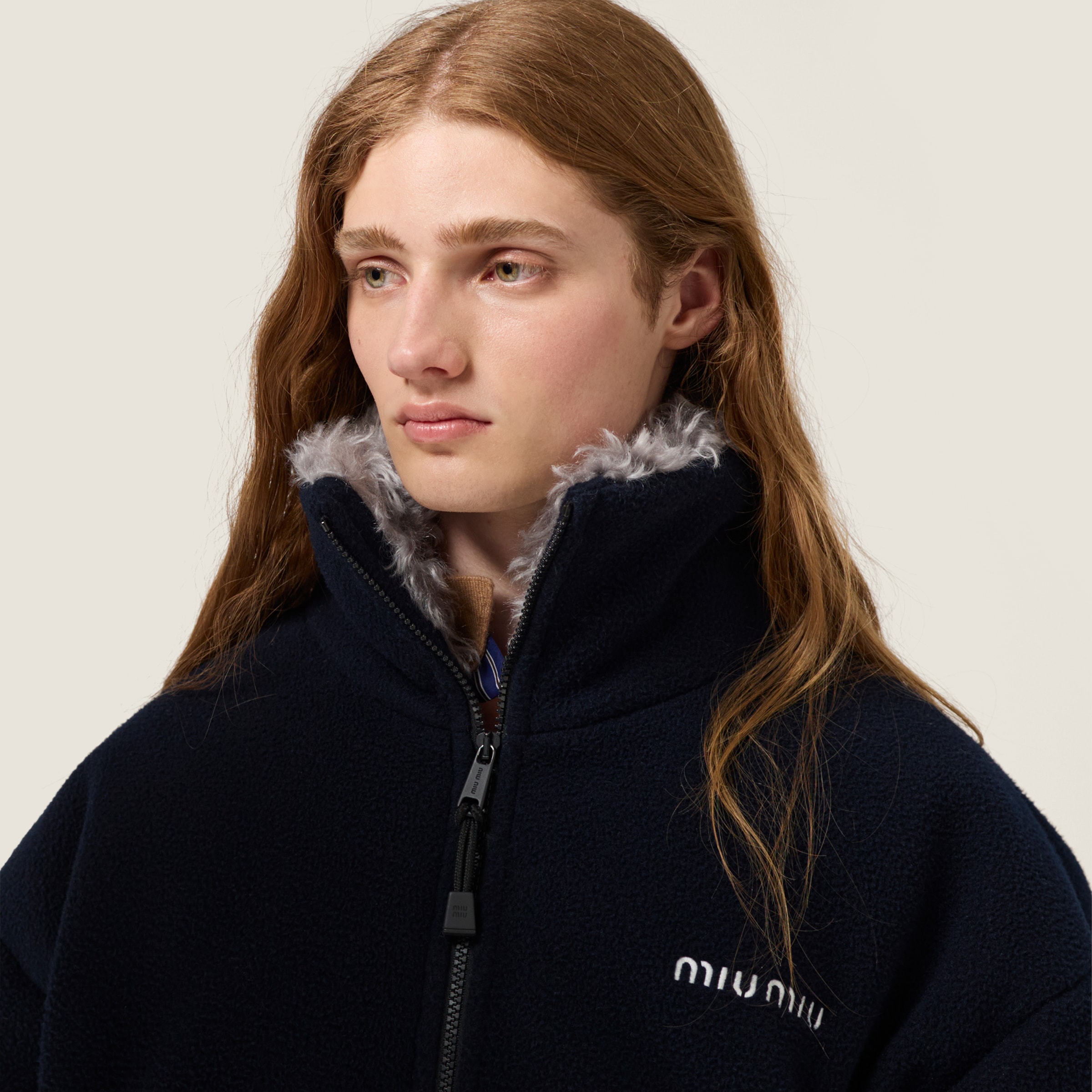 Navy Fleece Down Jacket | Miu Miu