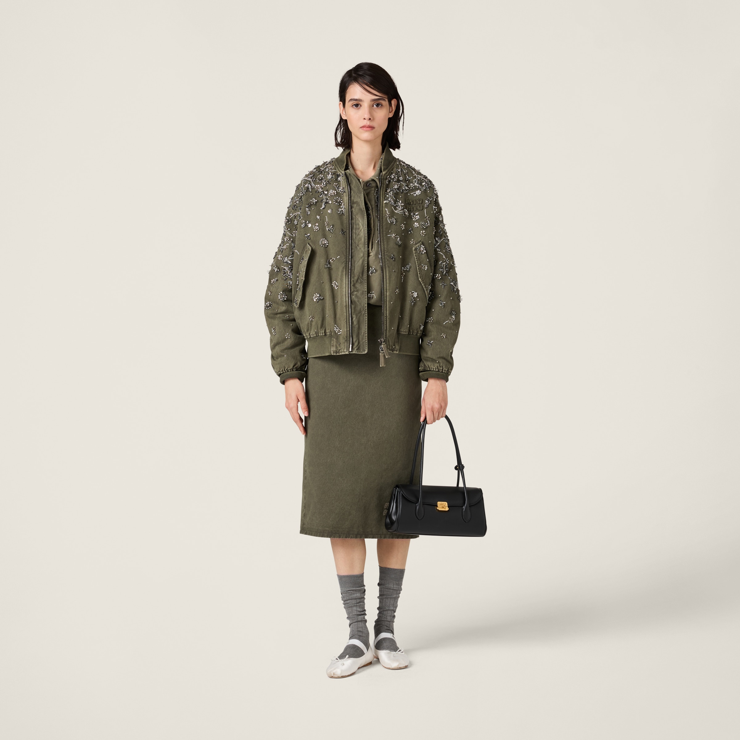 Miu Miu Garment-dyed Gabardine Bomber Jacket In Olive Green
