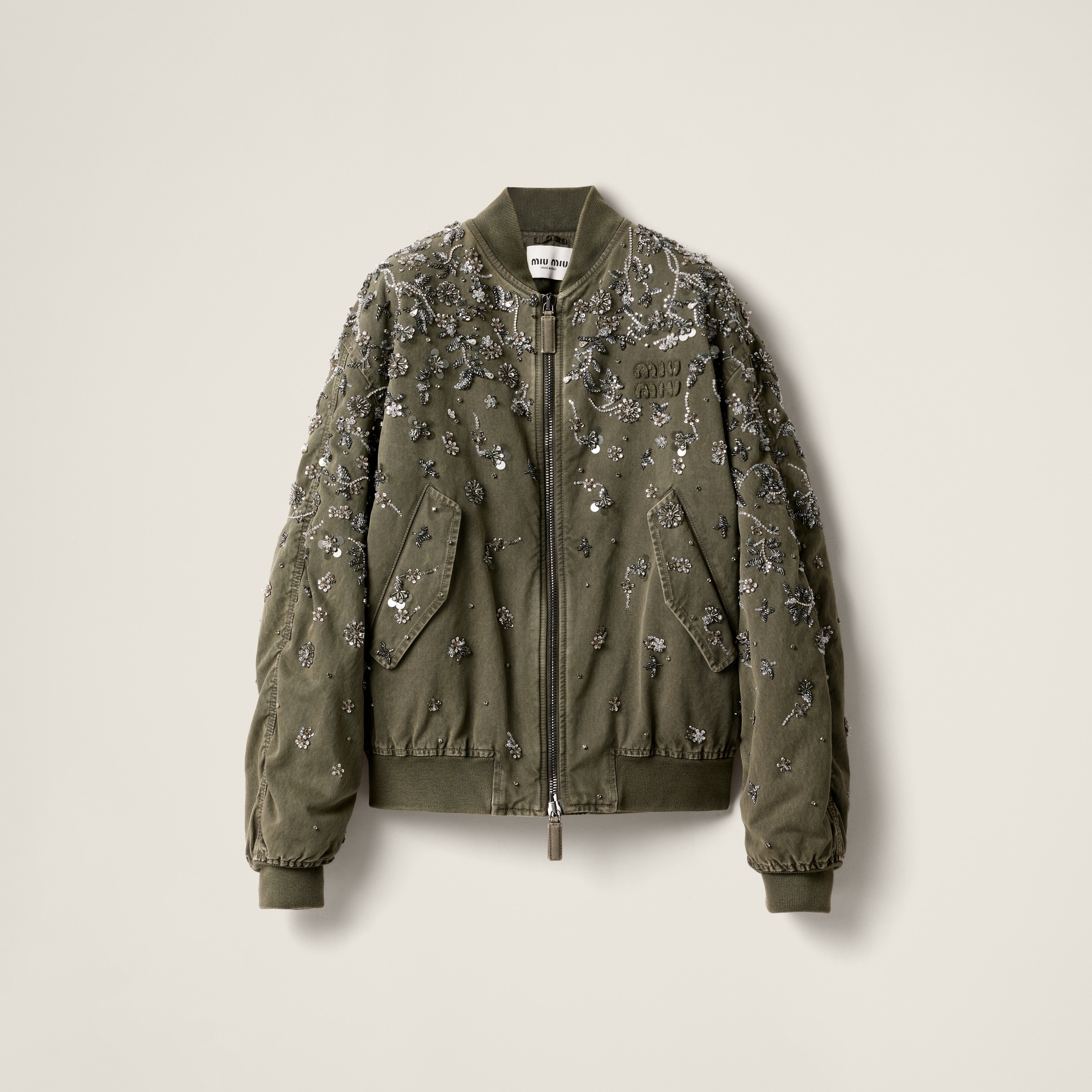 Miu Miu Garment-dyed Gabardine Bomber Jacket In Olive Green