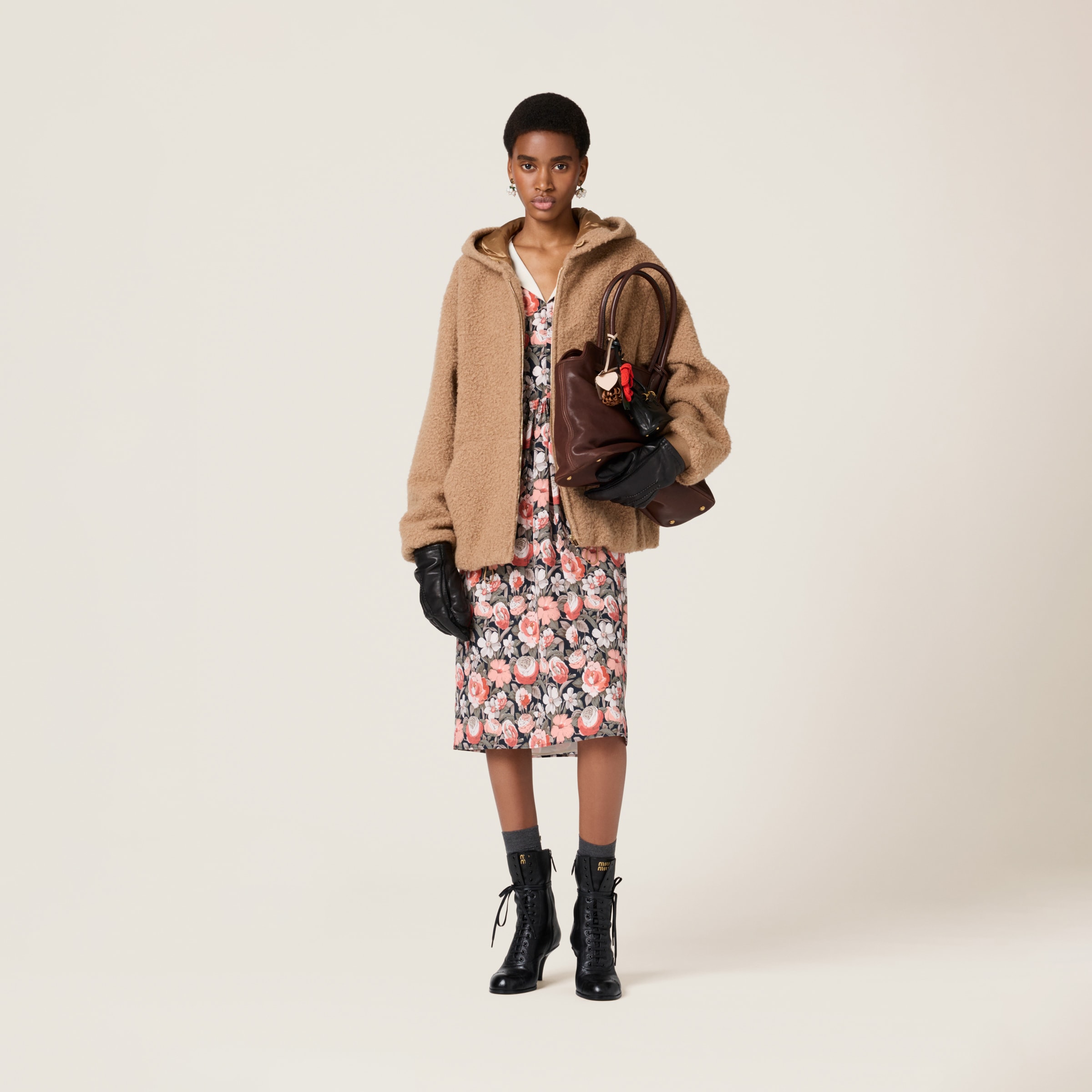 Miu Miu Pile Hoodie Jacket In Camel Brown