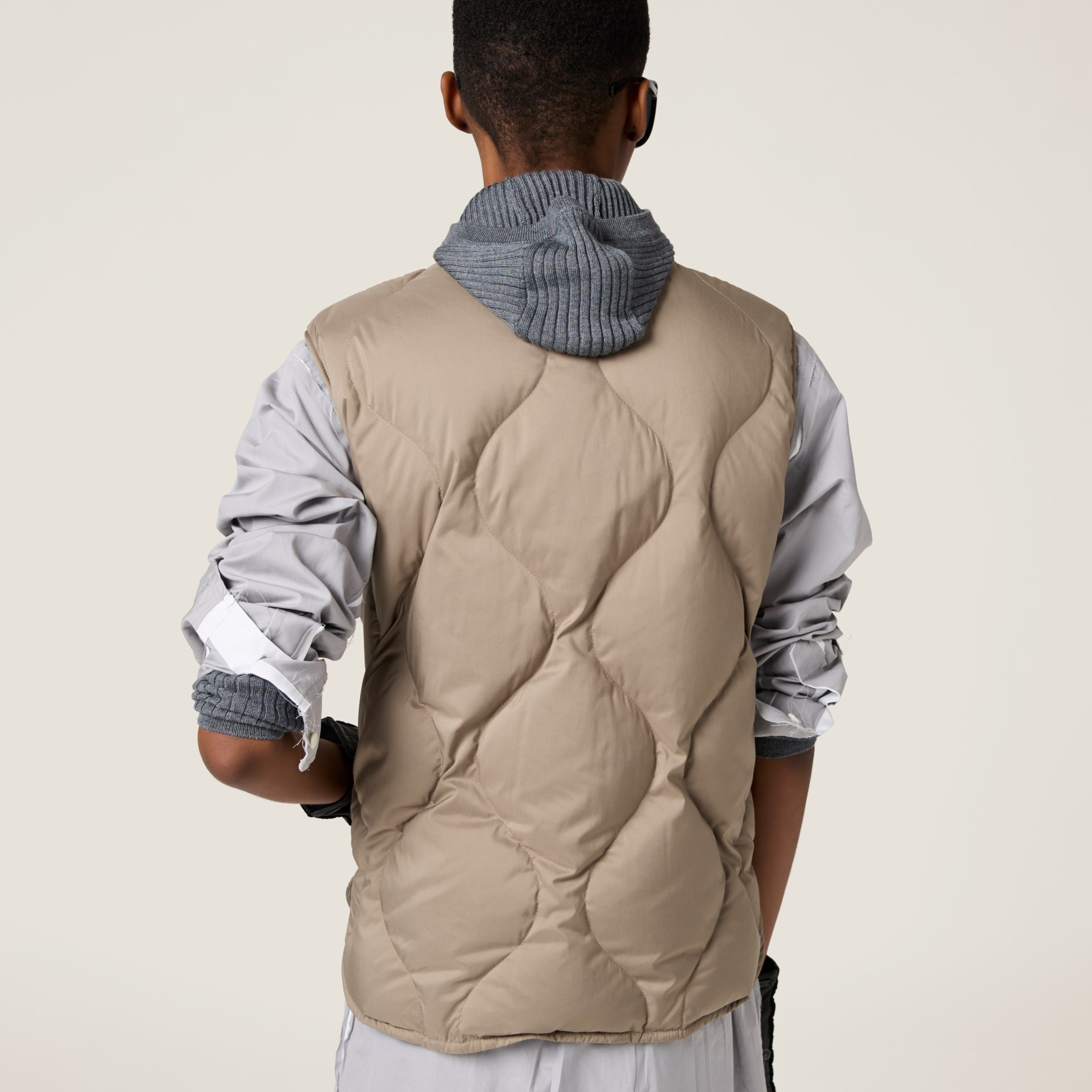 Miu Miu Technical Pongee Down Vest In Clay Grey