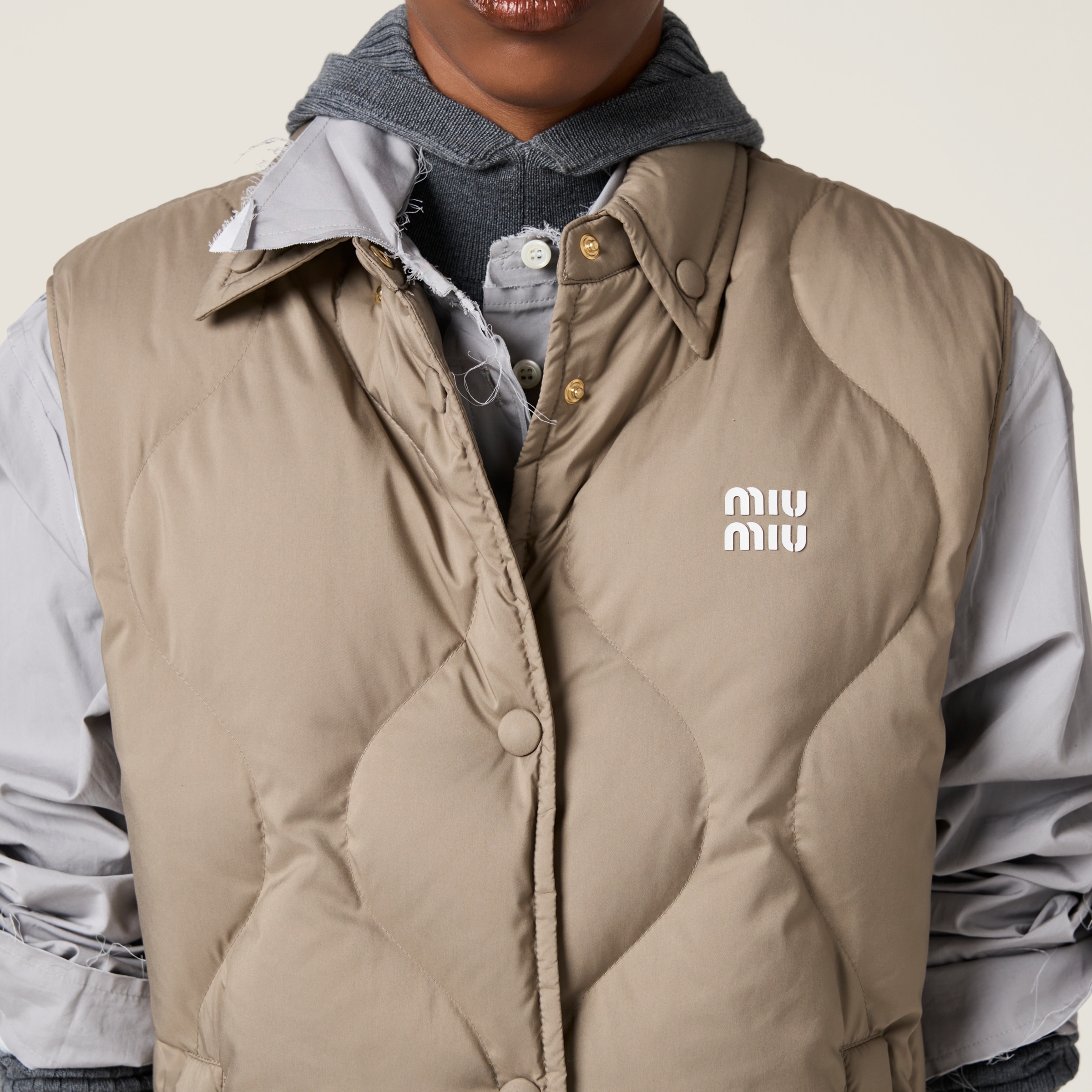Miu Miu Technical Pongee Down Vest In Clay Grey